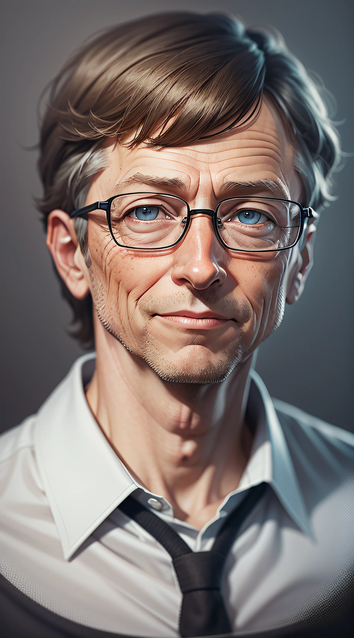 Bill Gates, in animated format, portrait, 3d, ethyl lora, realistic, gray background