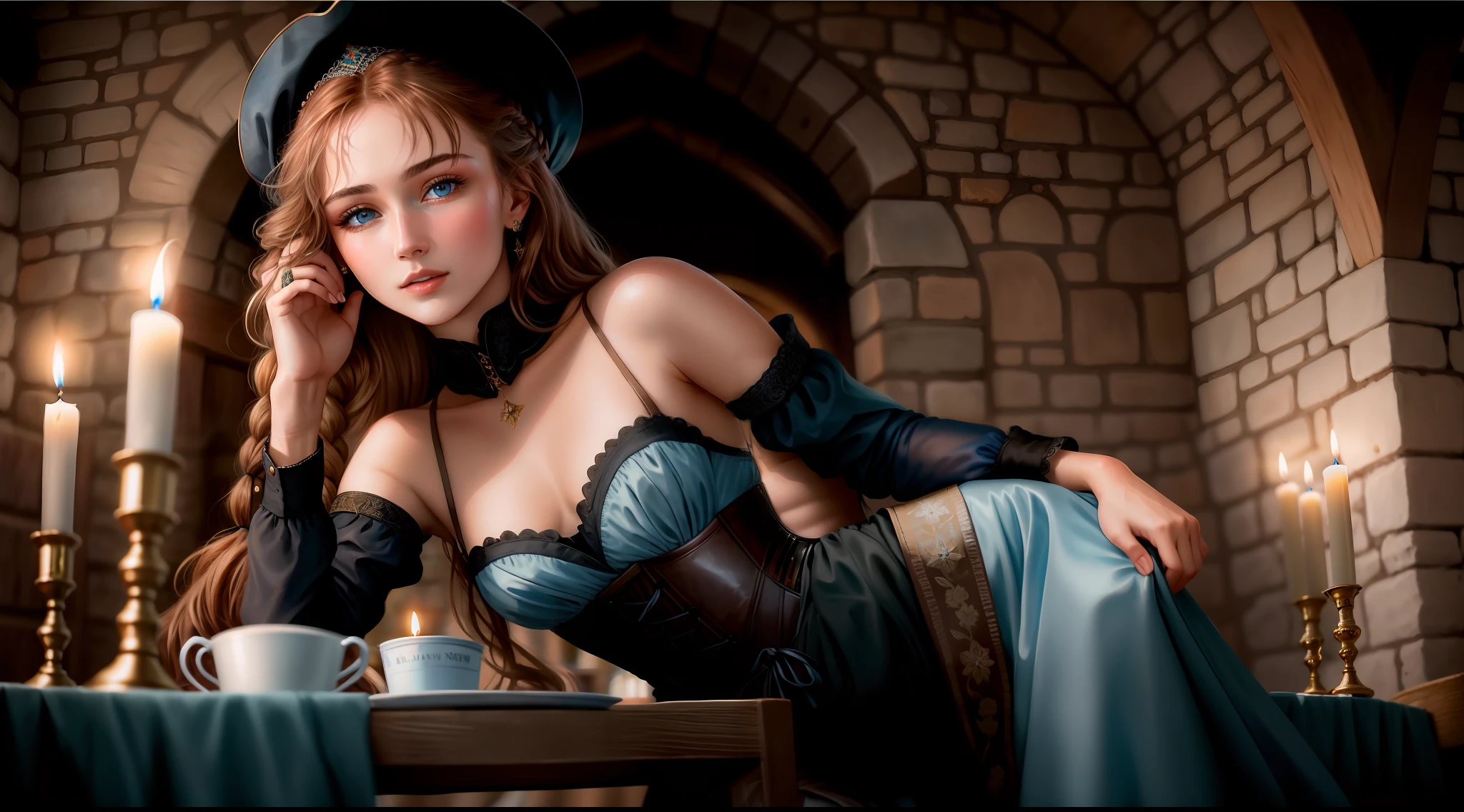 RAW,, Nikon Z 85mm, award-winning glamorous photography, beautiful 20-year-old sixteenth-century Russian, wearing tight dress and corset working as a waitress in a busy medieval tavern, lit candle, small, small breasts, braided brown hair, innocent blue eyes, ((highly detailed skin, skin details)), sharp focus, 8k uhd, dslr, high quality, film grain, Russian face