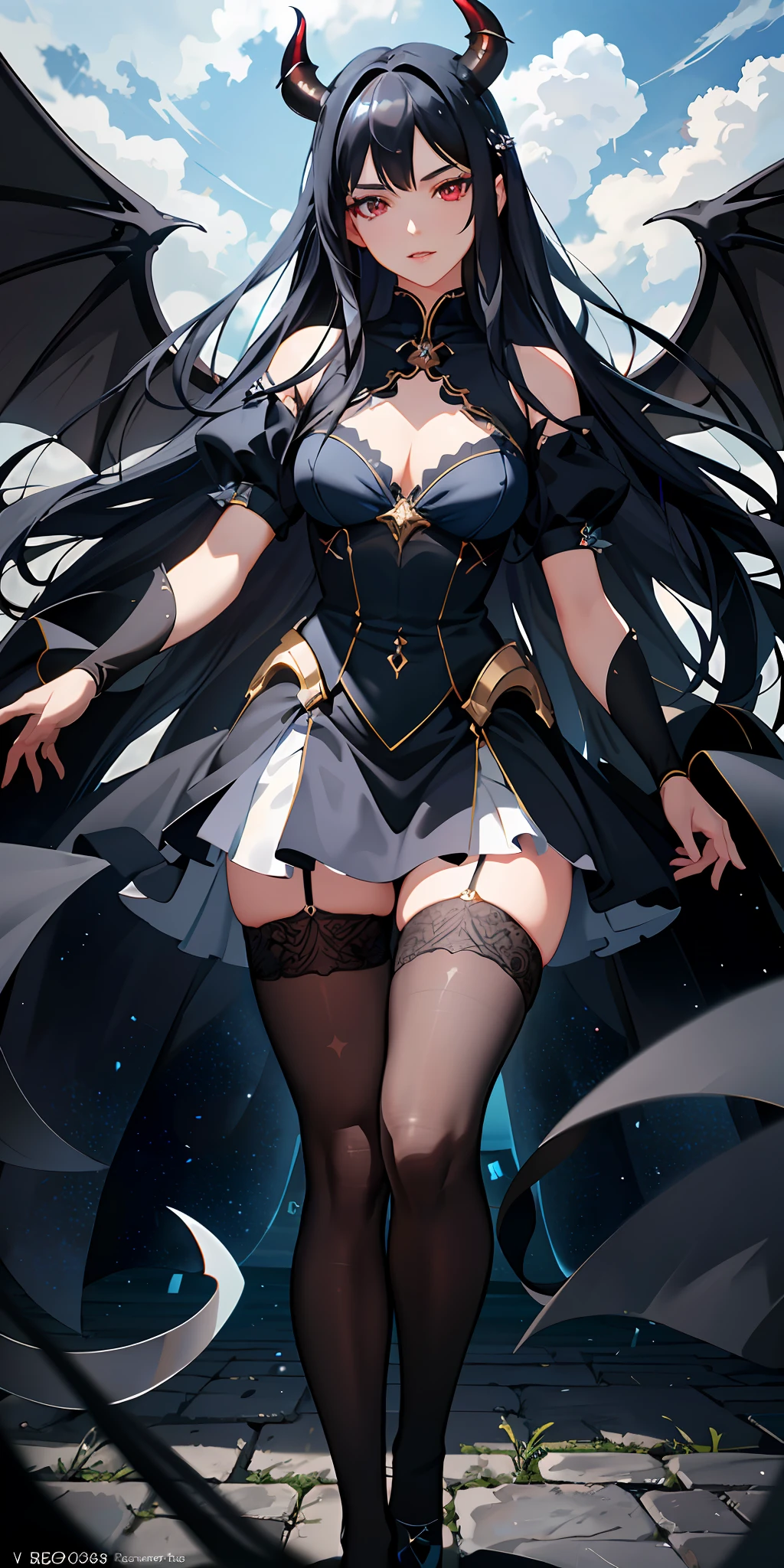 delicate and beautiful CG artwork),(best quality, ultra-detailed, high resolution),(dynamic angle, dynamic lighting),(1 character),(long blue black hair), red eyes, beautiful face),(black transparent stocking),(devil) (long sideburns), clouds, stars,