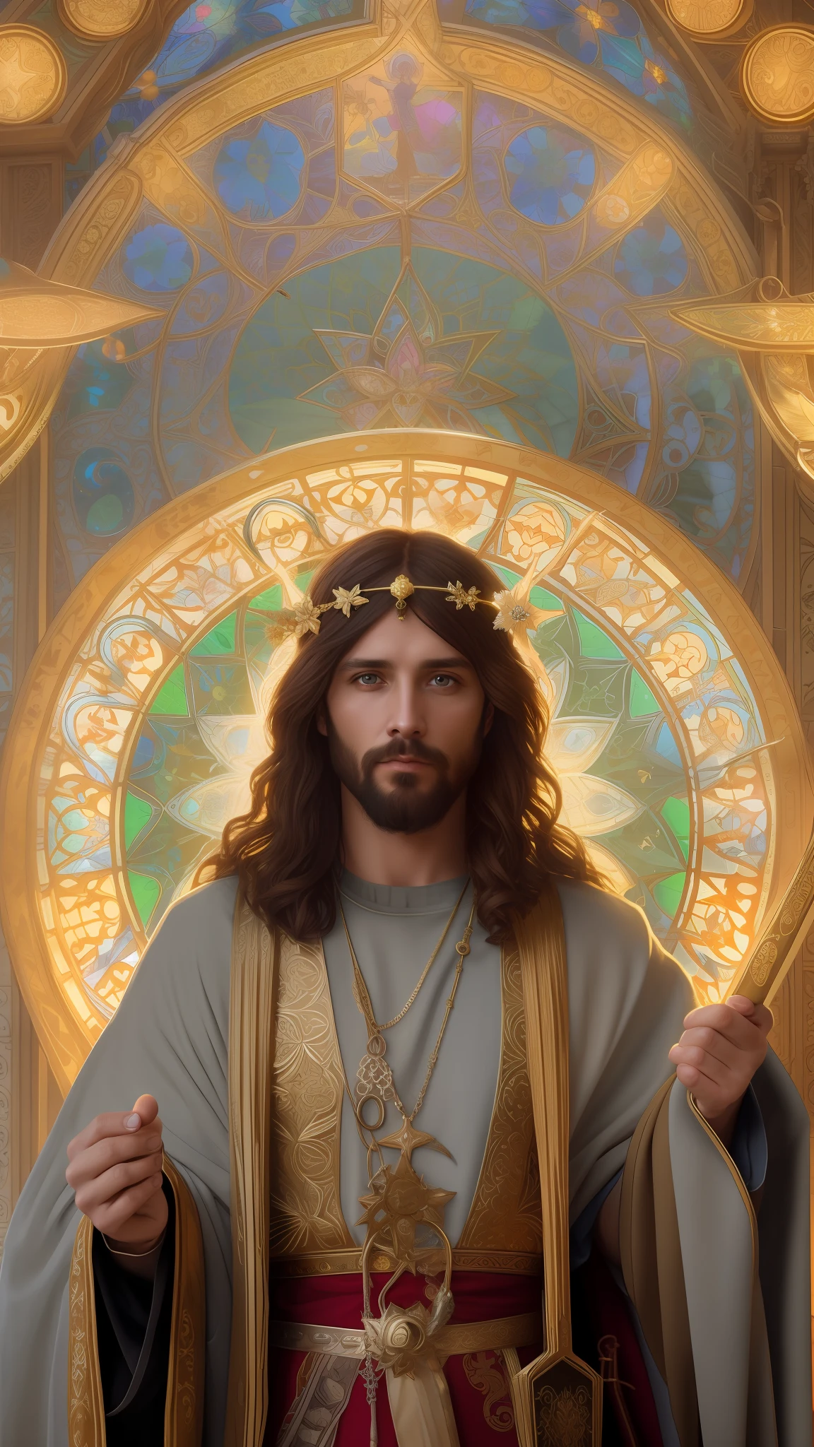 Jesus Christ and the disciples, dusty detail ornaments, , dnd character portrait, intricate, 8k resolution, dynamic lighting, hyperdetailed, unreal 5, volumetric lighting, alphonse mucha, Pre-Raphaelite, detailed background, mandala, detailed face, detailed eyes, neon eyes