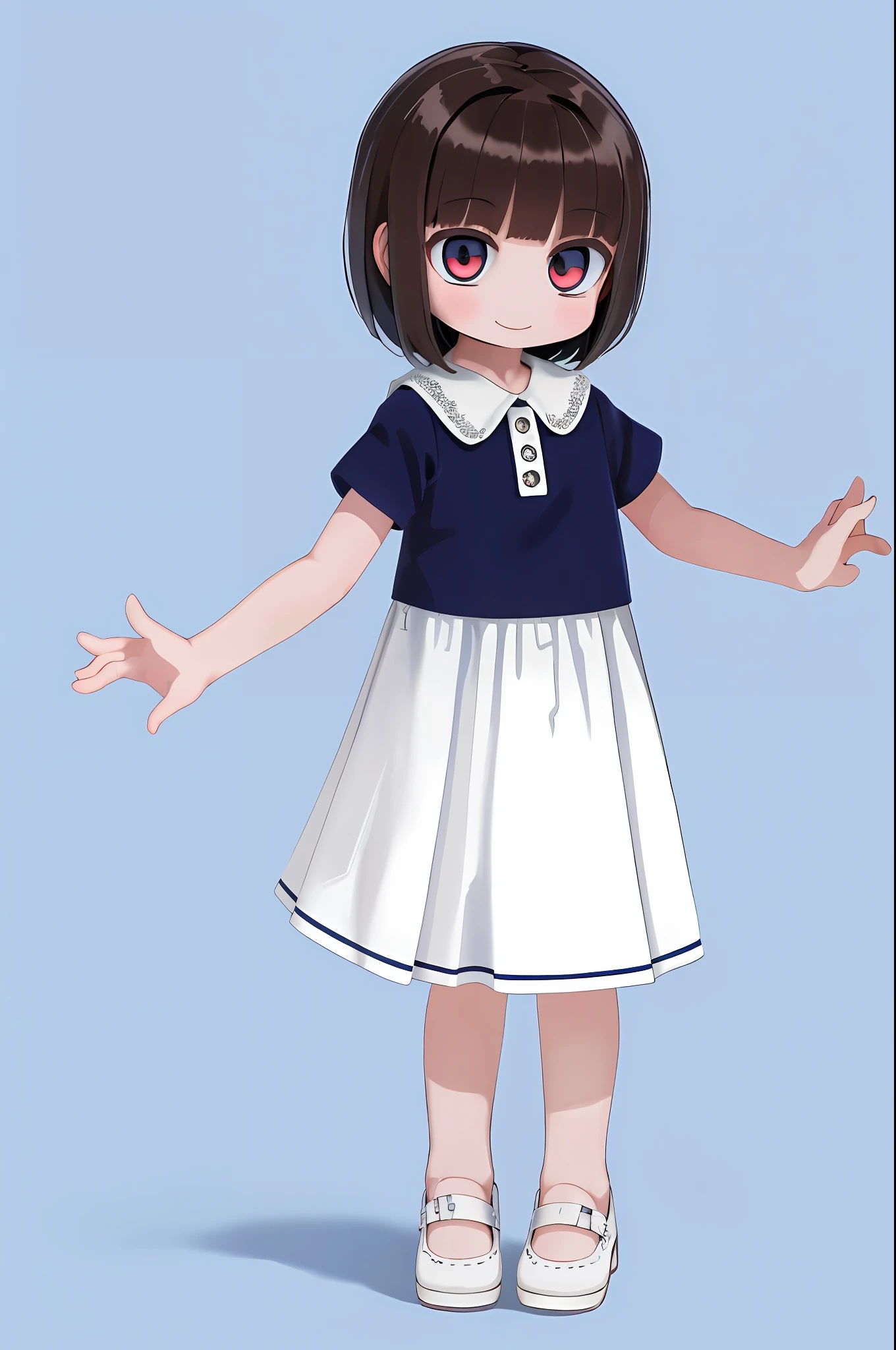 smile, blue background, simple background, full body, solo, (1 girl: 1.2), ***********, dark brown hair, short cut hair, white dress, white ceramic mini dress, red (pattern: 1.2)