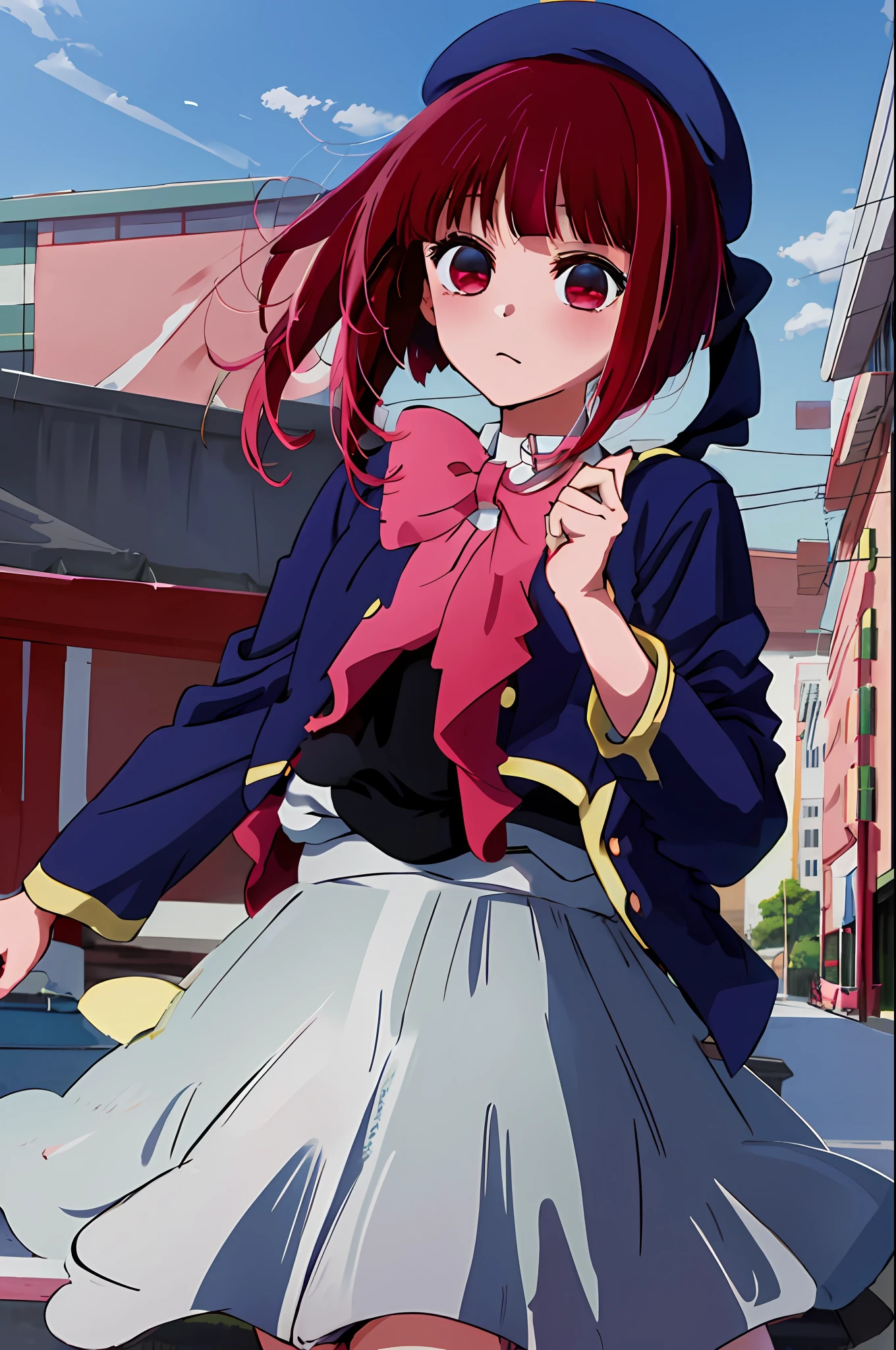 anime girl with red hair and a blue hat standing in front of a building, close up iwakura lain, iwakura lain, anime moe artstyle, anime visual of a cute girl, portrait anime girl, an anime girl, portrait of an anime girl, young anime girl, cute anime girl, anime style 4 k, smooth anime cg art