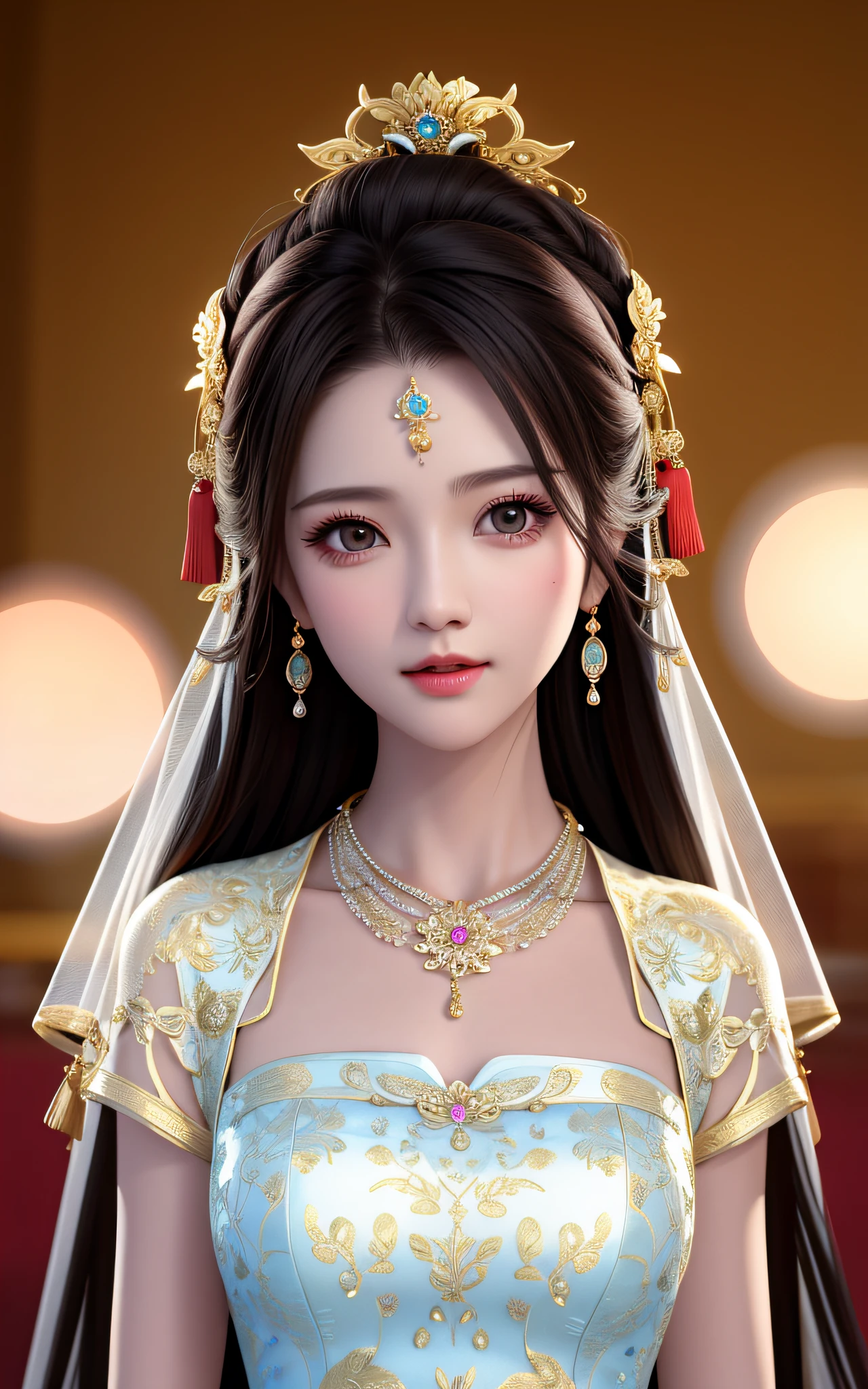 best quality, masterpiece, highres, 1girl,china wedding dress,hair ornament,necklace, jewelry,Beautiful face,upon_body, tyndall effect,photorealistic, dark studio, rim lighting, two tone lighting,(high detailed skin:1.2), 8k uhd, dslr, soft lighting, high quality, volumetric lighting, candid, Photograph, high resolution, 4k, 8k, Bokeh
