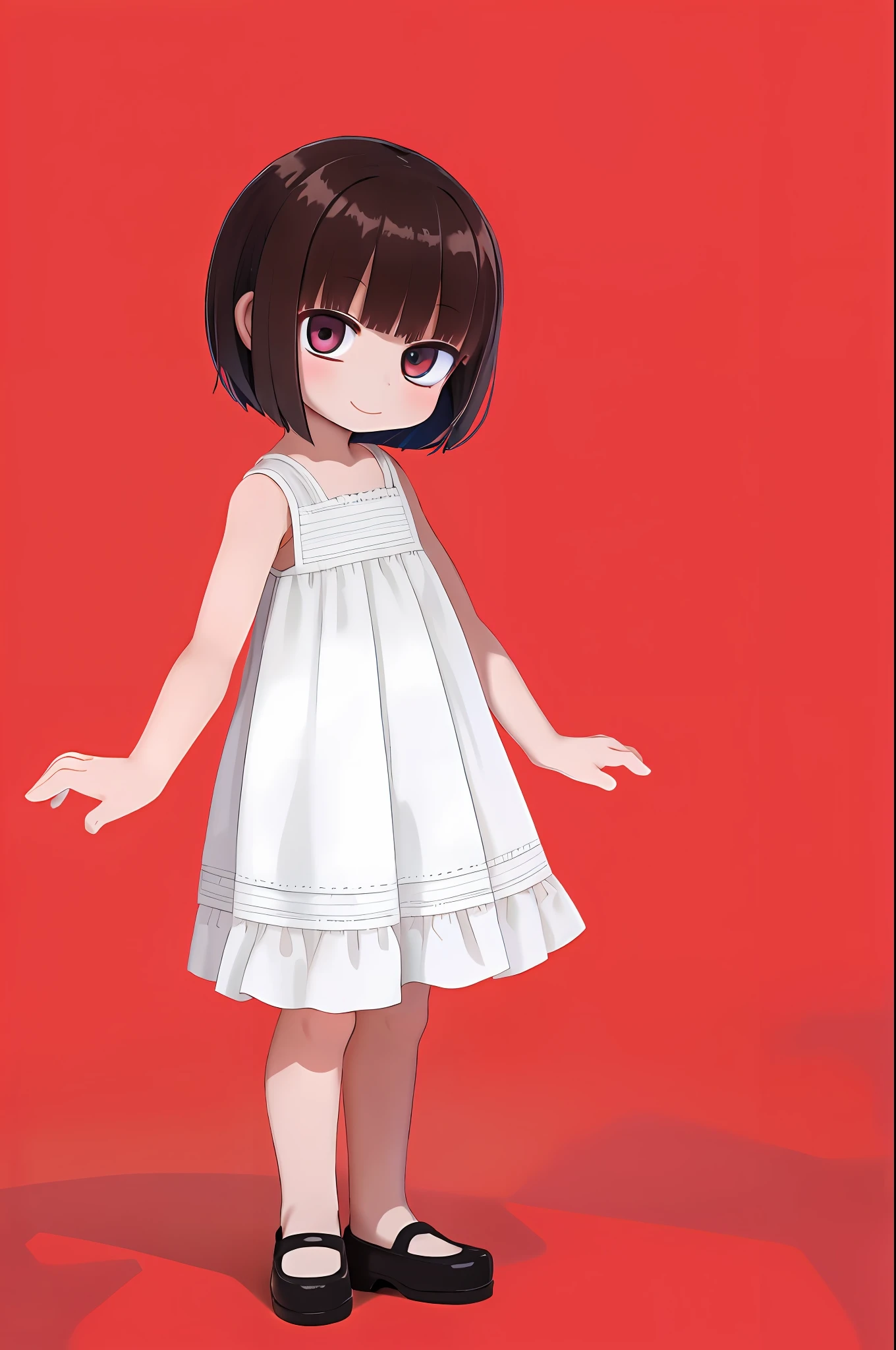 smile, blue background, simple background, full body, solo, (1 girl: 1.2), little girl, dark brown hair, short cut hair, white dress, white ceramic mini dress, red (pattern: 1.2)
