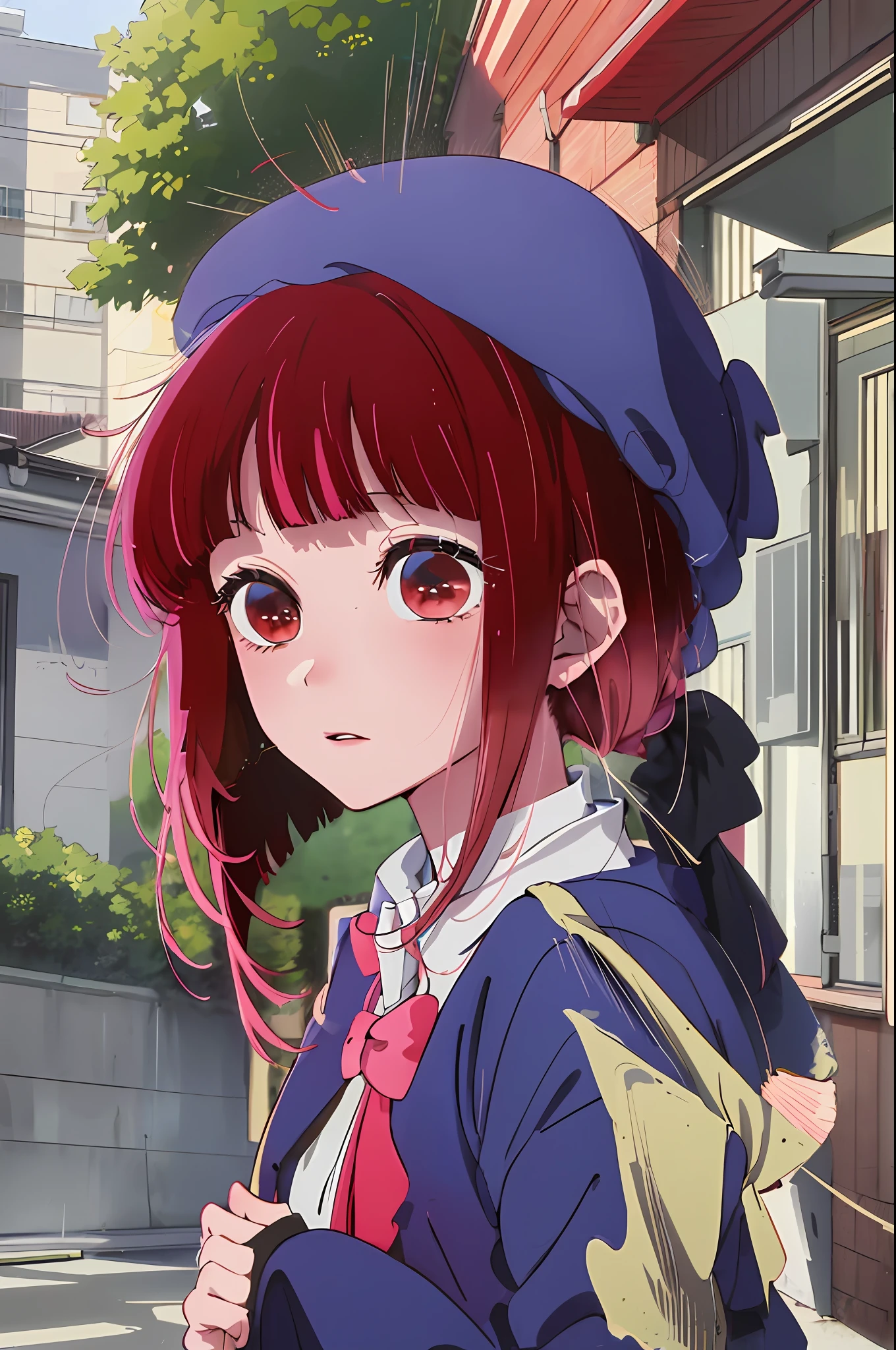 anime girl with red hair and a blue hat standing in front of a building, close up iwakura lain, iwakura lain, anime moe artstyle, anime visual of a cute girl, portrait anime girl, an anime girl, portrait of an anime girl, young anime girl, cute anime girl, anime style 4 k, smooth anime cg art