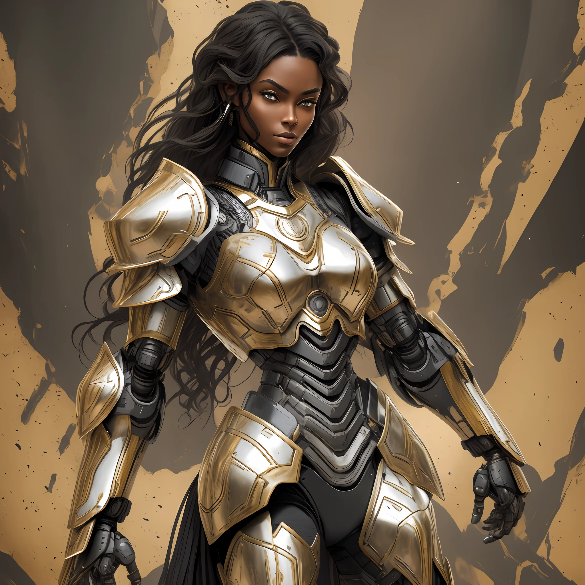 Beautiful tall woman with robotic armor with super realistic and well detailed black hair