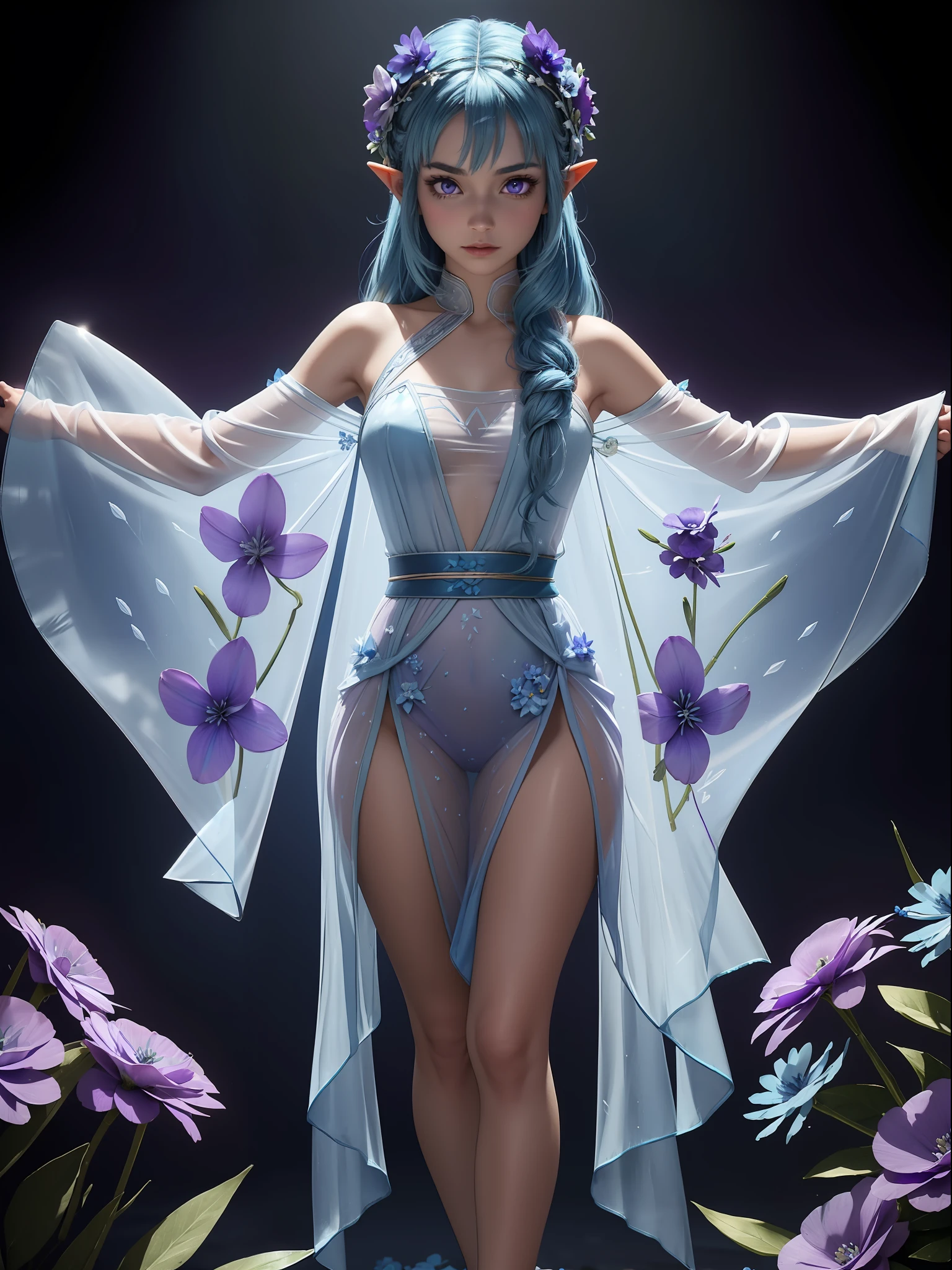 Create an image of Princess Zelda as a mystical fairy with transparent wings and a wreath. She must be wearing an outfit (extremely transparent:1.5), (made of blue flowers/flower texture:1.5). She should be gliding half a meter off the ground in a standing position, striking a pose for the viewer. The scene is supposed to take place inside a wooden house in front of a fireplace. She has, (blue hair:1.4), (purple eyes:1.4). Add light, shadow and highlight effects in motion, with effects on the wings., Mortal Kombat, anime, 16k, UHD, masterpiece, best quality, textured skin, award winning, high details, highres, anatomically correct, masterpiece, best quality, textured skin, award winning, high details, highres, anatomically correct