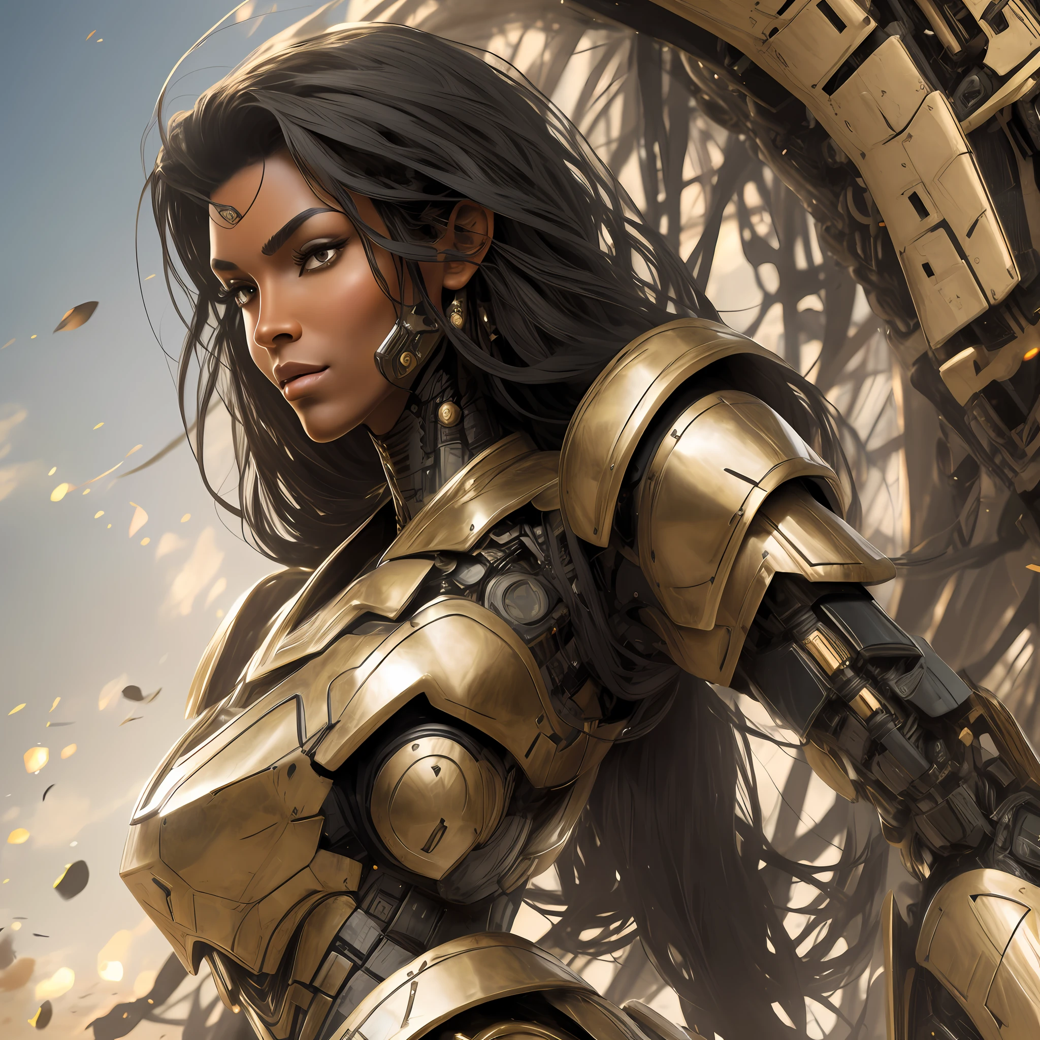 Beautiful tall woman with robotic armor with super realistic and well detailed black hair
