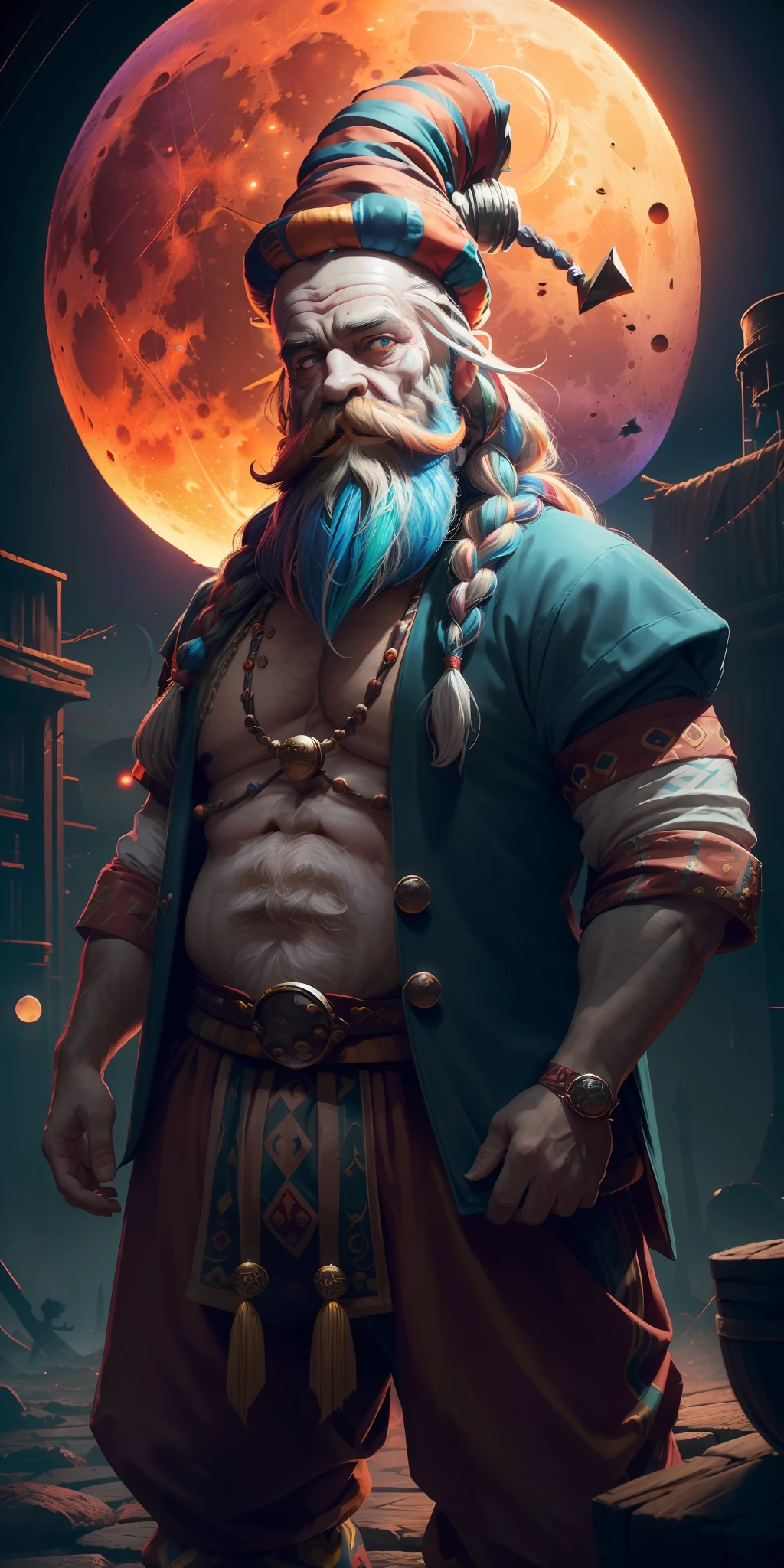 (((A dwarf man with a very long white braided beard centered in the foreground performing a kubrick stare))), (((Naked chest))), (((colorful jester pants))), (((colorful jester hat))), dark fantasy, dark atmosphere, forest, ((night)), moon, glowing butterflies, volumetric lighting, best quality, masterpiece, intricate details, tonemapping, sharp focus, very detailed, trending on Artstation, realistic, trending in artstation 4k, 8k, cinematic lighting, (((Full blood moon vibrantly lighting the scene))), (((fish eye lens))), ((colorful))(cyberpunk) (neon)