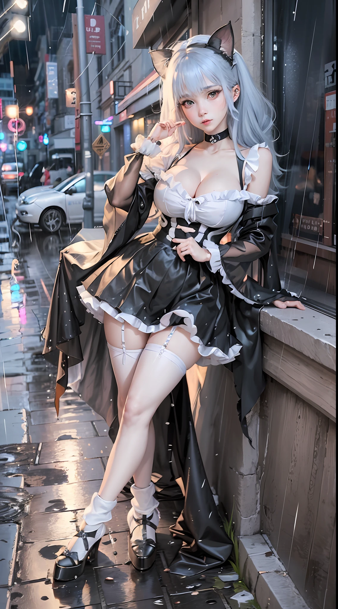 maid cafe, stockings, cat ears, (maid costume, raincoat:1.2), bed, sleeping, choker, bowtie, (pleated skirt:1.3), lora:shirtliftALORAFor_shirtliftv1:1.5, lora:breastinclassBetter_v141:.5 , extremely detailed eyes, extremely detailed face, cute, (photorealistic:1.3), sexy lips, seductive smile, double eyelids, eyelashes, pale skin, perky breasts, full body portrait, textured skin, 4K, RAW, best quality, sharp, hyper realistic, tall, (long slim legs:1.2), (thigh gap:1.2), blush, delicate and beautiful girl, 1girl, solo, (stunningly attractive:1.3), (dramatic:1.2),(masterpiece, best quality, ultra detailed, 8k, RAW photo:1.2), (Unreal Engine, photorealistic:1.1), (beautiful detailed face, a photography of a beautiful girl), (cowboy shot:1.2), (looking at the camera:1.1) BREAK (1girl), (full body:1.2), (beautiful hair), (extremely detailed CG unity 8k wallpaper of a girl with kawaii hairstyle and white marble glowing skin and perfect symmetrical pretty face:1.3), (blue hair:1.3), (sad:1.2), soft light, (over 12 years old, under 20 years old:1.2) BREAK ), gigantic breasts from azur_lane, (cleavage:1.2), (sexual pose:1.3) BREAK (on the street:1.3), (see the persons:1.2),(raining:1.3), (looking from behind:1.2), taken by Canon EOS, SIGMA Art Lens 35mm F1.4, ISO 200 Shutter Speed 2000