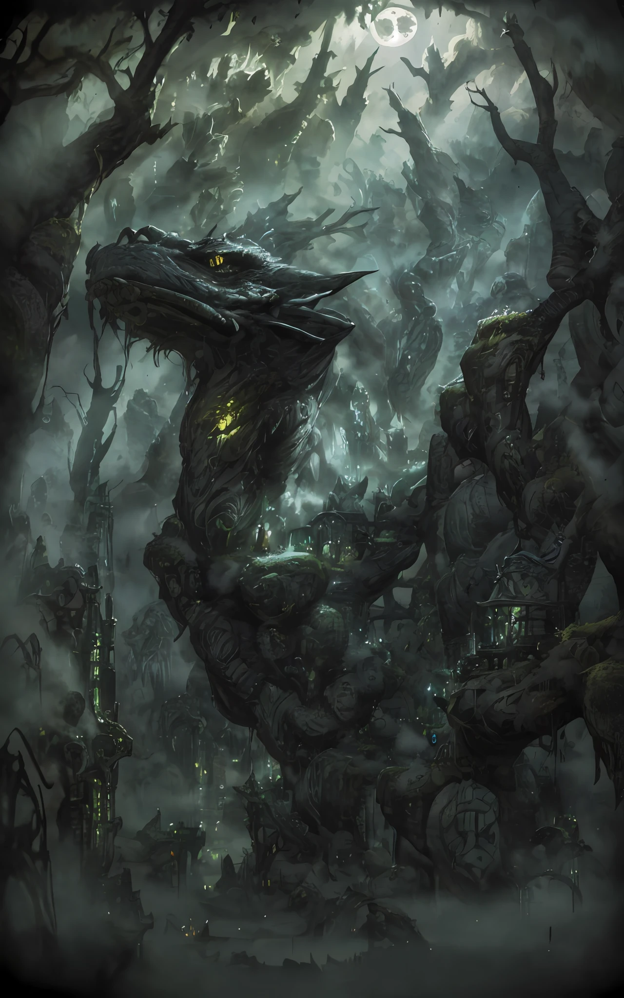 /imagine prompt: Black Evil Dragon, A misty and atmospheric forest clearing with twisted trees and a full moon shining overhead, The dragon is looming over the small adventurer with a fierce and intimidating expression, The feeling is eerie and unsettling, It's a digital illustration:: Unreal Engine, Cinematic, High-Speed Photograph, Depth of Field, Tonal Colors, Light, Light Blue, High Contrast, Kinemacolor, 16k, Super-Resolution, Refreshing, Divine, Strong, Natural Lighting, Cinematic Lighting, by John Howe, by Alan Lee --auto --s2