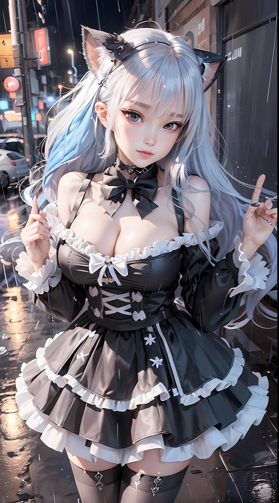 maid cafe, stockings, cat ears, (maid costume, raincoat:1.2), bed, sleeping, choker, bowtie, (pleated skirt:1.3), lora:shirtliftALORAFor_shirtliftv1:1.5, lora:breastinclassBetter_v141:.5 , extremely detailed eyes, extremely detailed face, cute, (photorealistic:1.3), sexy lips, seductive smile, double eyelids, eyelashes, pale skin, perky breasts, full body portrait, textured skin, 4K, RAW, best quality, sharp, hyper realistic, tall, (long slim legs:1.2), (thigh gap:1.2), blush, delicate and beautiful girl, 1girl, solo, (stunningly attractive:1.3), (dramatic:1.2),(masterpiece, best quality, ultra detailed, 8k, RAW photo:1.2), (Unreal Engine, photorealistic:1.1), (beautiful detailed face, a photography of a beautiful girl), (cowboy shot:1.2), (looking at the camera:1.1) BREAK (1girl), (full body:1.2), (beautiful hair), (extremely detailed CG unity 8k wallpaper of a girl with kawaii hairstyle and white marble glowing skin and perfect symmetrical pretty face:1.3), (blue hair:1.3), (sad:1.2), soft light, (over , under 20 years old:1.2) BREAK ), gigantic breasts from azur_lane, (cleavage:1.2), (sexual pose:1.3) BREAK (on the street:1.3), (see the persons:1.2),(raining:1.3), (looking from behind:1.2), taken by Canon EOS, SIGMA Art Lens 35mm F1.4, ISO 200 Shutter Speed 2000