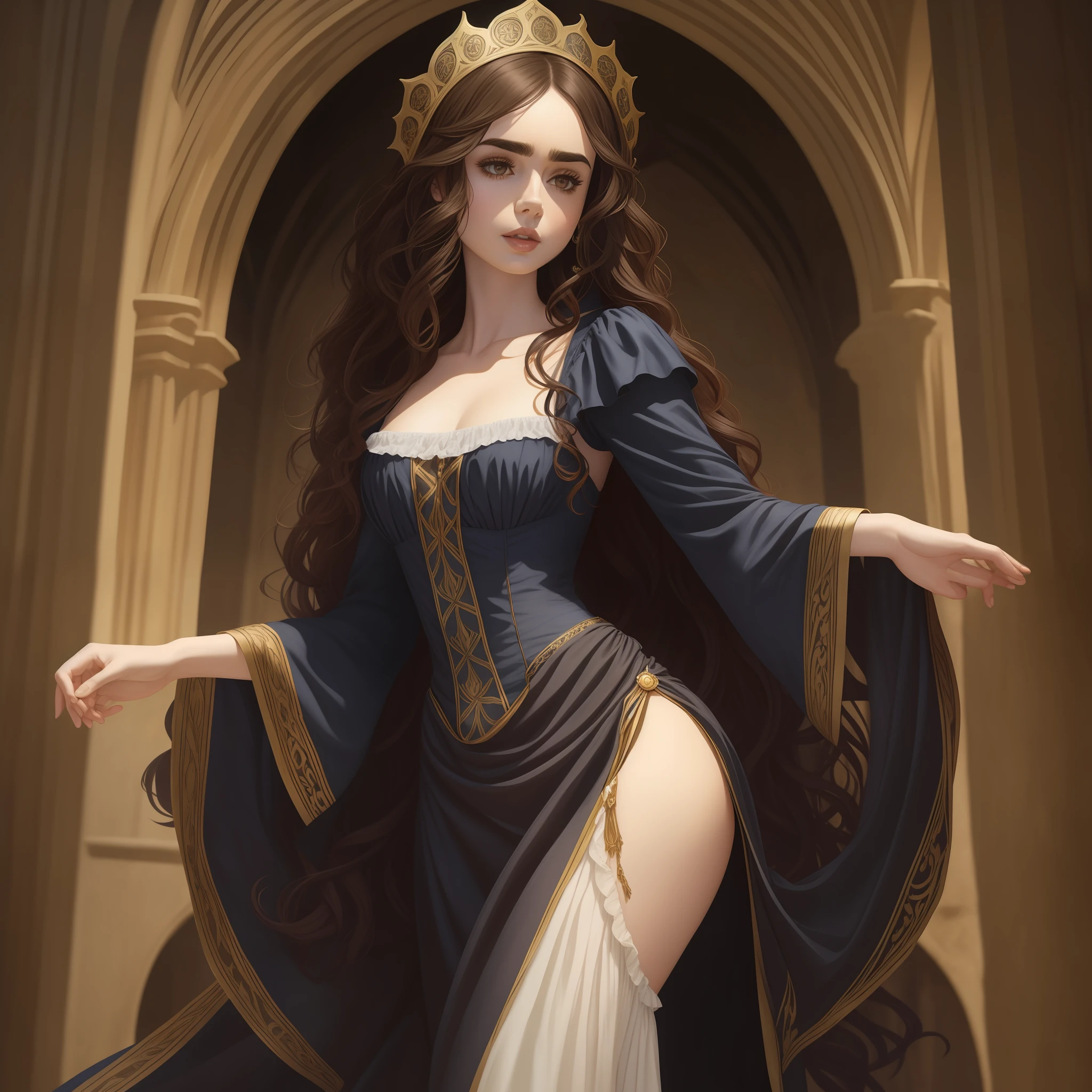 Lily Collins with long black curly hair in a medieval chemise, plebeian medieval clothes, the illustration is detailed, smooth and shiny, full body, looking forward with piercing brown eyes, HD art by Justin Gerard