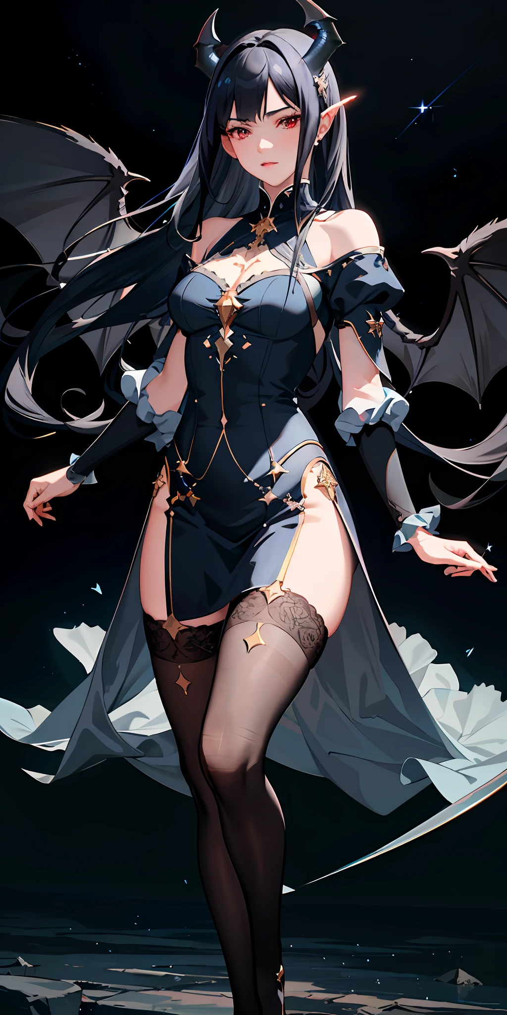 delicate and beautiful CG artwork),(best quality, ultra-detailed, high resolution),(dynamic angle, dynamic lighting),(1 character),(long blue black hair), red eyes, beautiful face),(black transparent stocking),(devil) (long sideburns), clouds, stars,