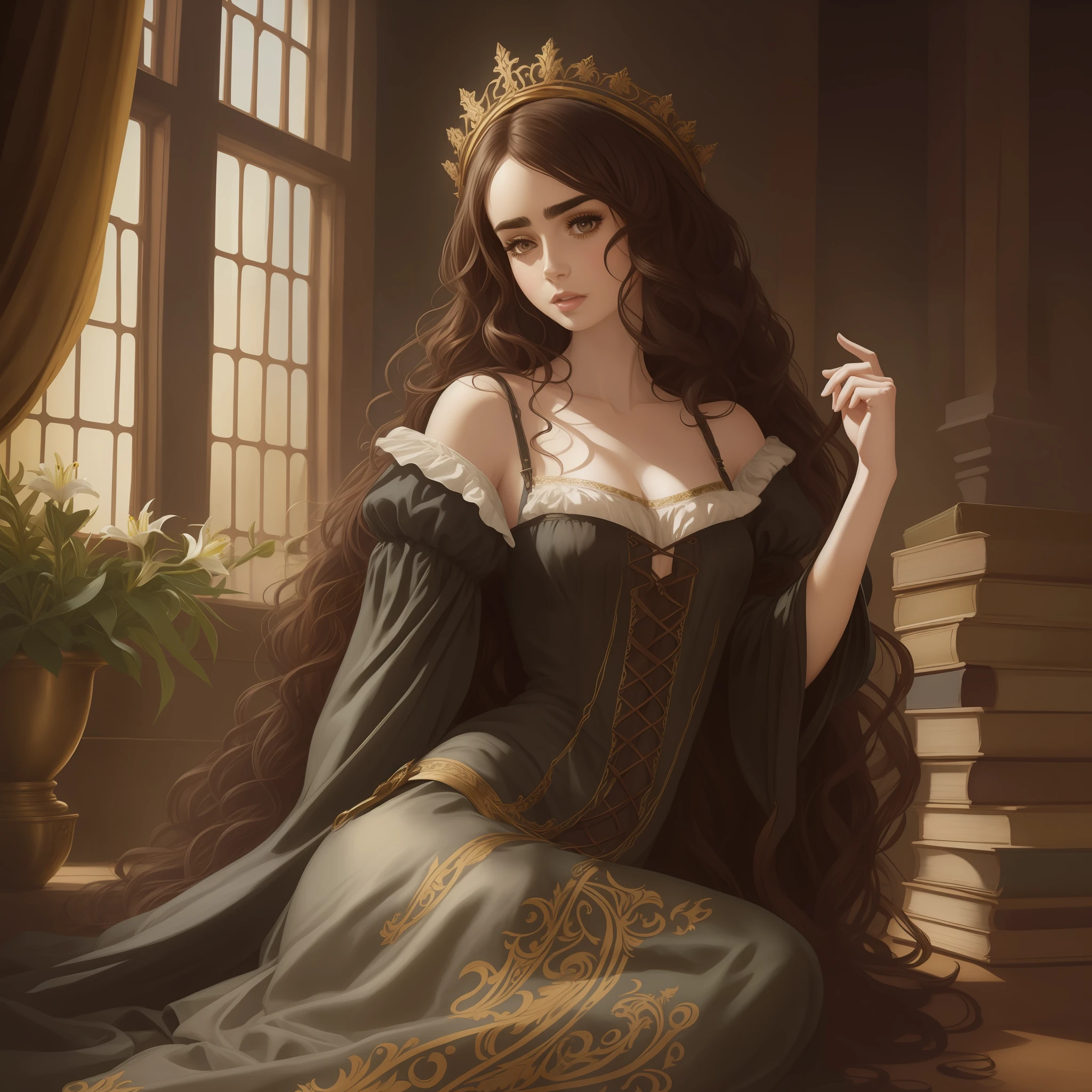 Lily Collins with long black curly hair in a medieval chemise, plebeian medieval clothes, the illustration is detailed, smooth and shiny, full body, looking forward with piercing brown eyes, HD art by Justin Gerard