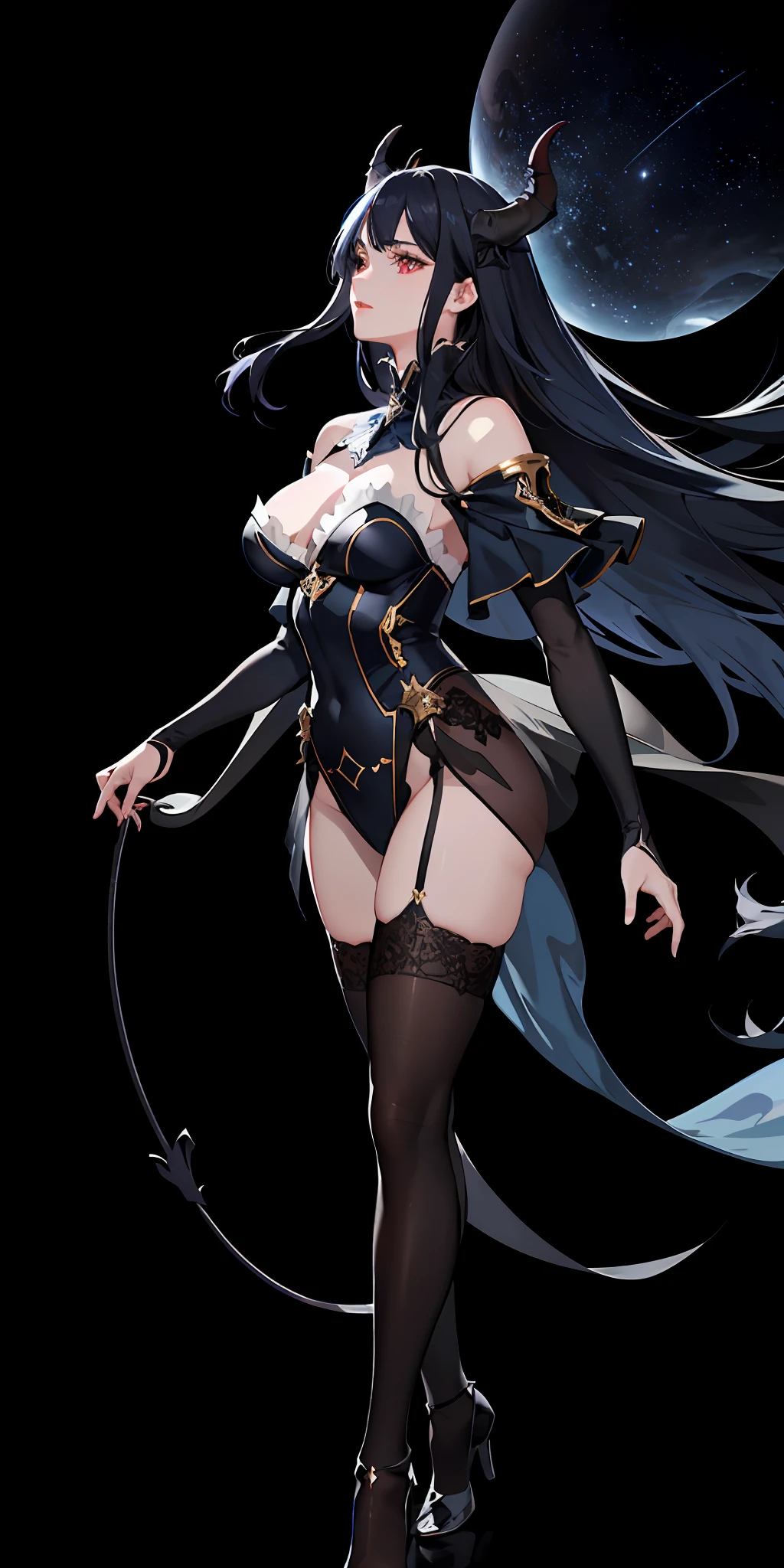 delicate and beautiful CG artwork),(best quality, ultra-detailed, high resolution),(dynamic angle, dynamic lighting),(1 character),(long blue black hair), red eyes, beautiful face),(black transparent stocking),(devil) (long sideburns), clouds, stars,