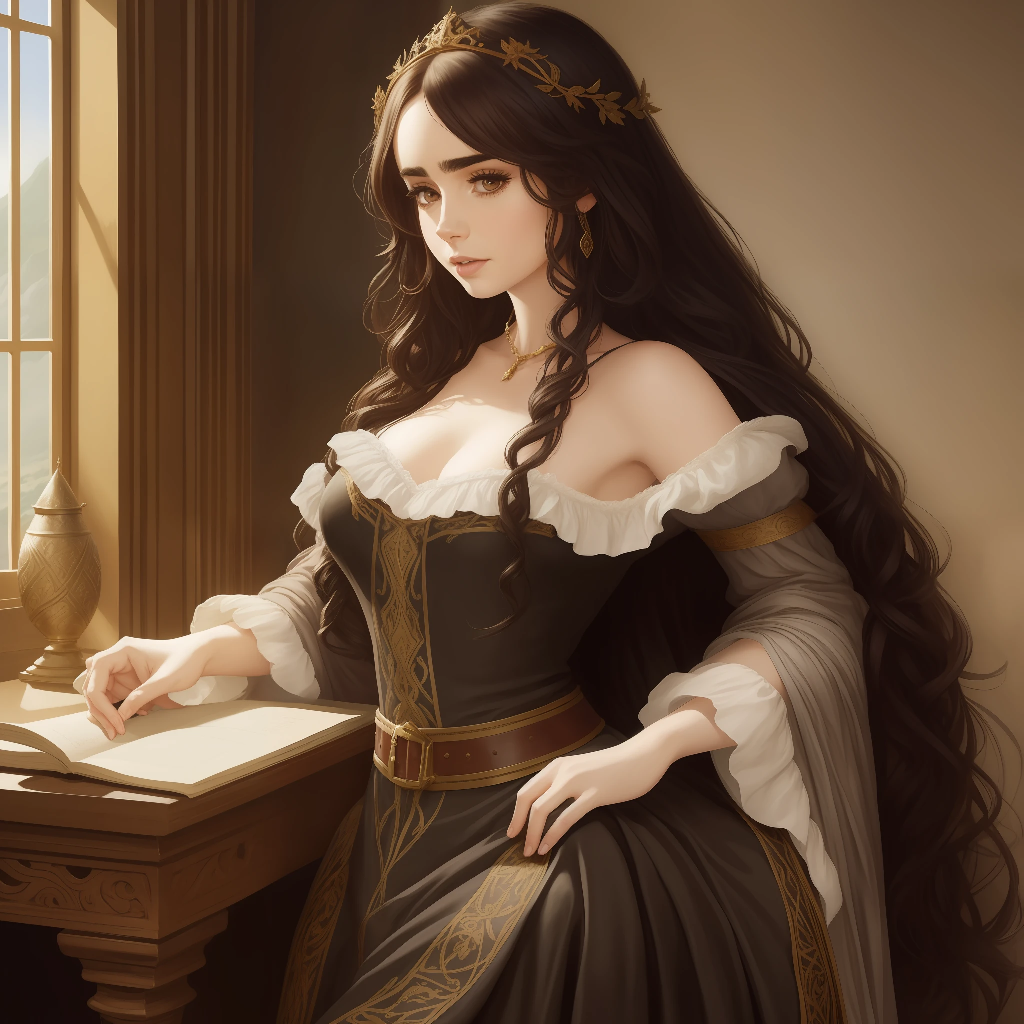 Lily Collins with long black curly hair in a medieval chemise, plebeian medieval clothes, the illustration is detailed, smooth and shiny, full body, looking forward with piercing brown eyes, HD art by Justin Gerard