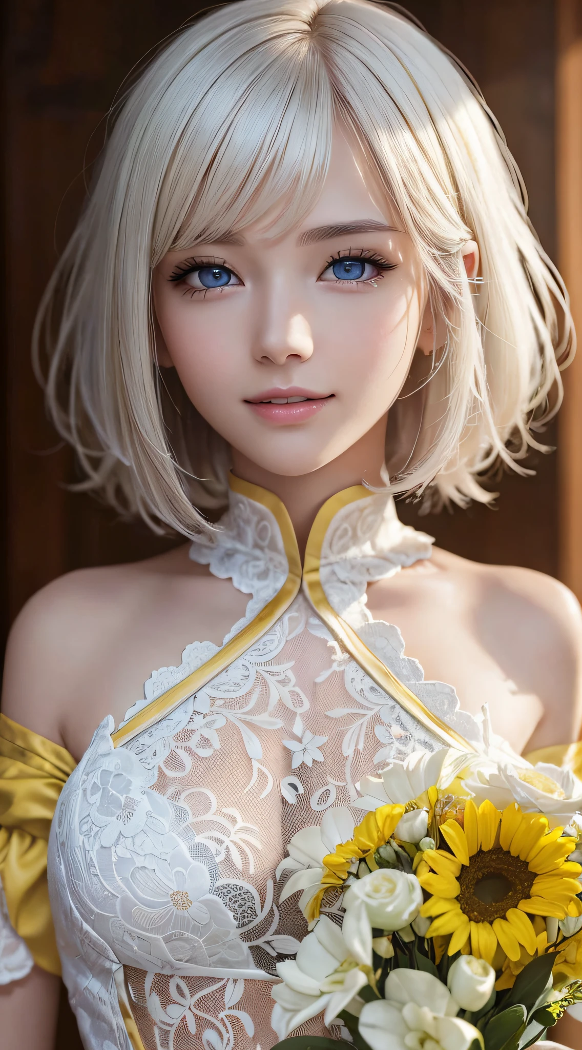 (RAW Photo: 1.2), (Photorealistic: 1.4), (Masterpiece: 1.3), (Best Quality: 1.4), Ultra High Resolution, (Detailed Eye Features), (Detailed Facial Features), (Detailed Clothing Features), HDR, 8k Resolution, Solo Focus, Bangs, Skin Tight, (Glossy Skin), (Slender Beautiful Girl), 18 years old, Check Commentary, Commentary Request, landscape, no letters, bob hair, short hair, white hair, blue eyes, one girl, full body, yellow costume, wedding dress, happy, smile