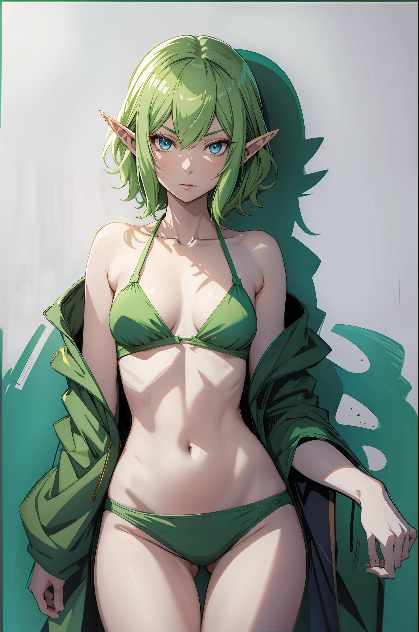 Liulion, anime style beautiful woman, Slender, skinny, Flat Chest, small breasts,detailed face, 1girl, solo, pointy ears, blue eyes,green hair, looking at viewer, bikini, short hair, elf,medium breasts, (anime screencap:0.6), highest quality, high resolution.