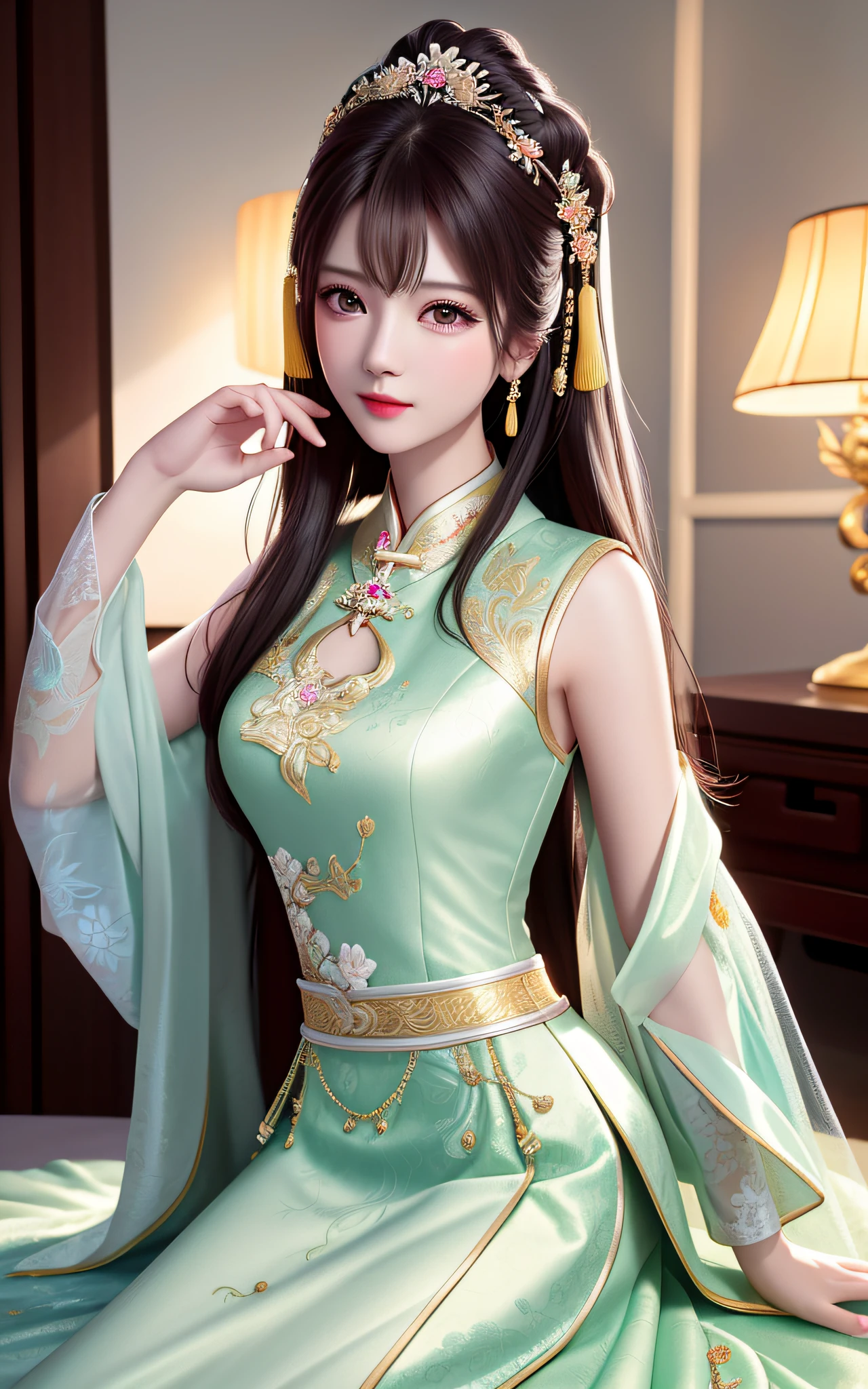 Best Quality, Masterpiece, High Resolution, Full Body Lens, 1girl, Chinese Wedding Dress, Hair Accessories, Necklace, Jewelry, Beautiful Face, upon_body, Tyndall Effect, Realistic, Dark Studio, Edge Lighting, Two-tone Lighting, (High Detail Skin: 1.2), 8k UHD, DSLR, Soft Lighting, High Quality, Volume Lighting, Frank, Photo, High Resolution, 4K, 8K, Bokeh