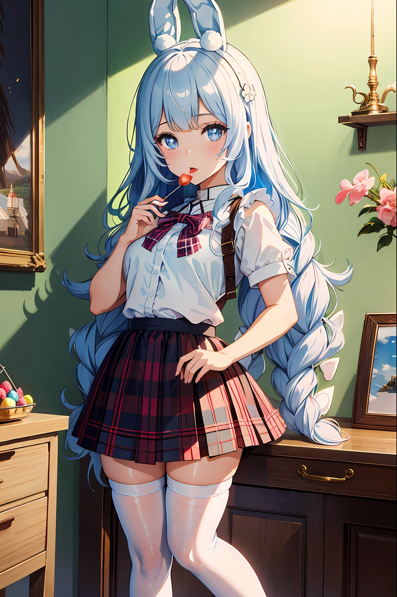masterpiece, best quality, highres, 1girl, le malin school uniform, serafuku, skirt,((masterpiece,ultra-detailed, intricate details, best quality,illustration)), 1girl, le malin listless lapin, full body, candy room, multicolored wall, Plaid chocolate, fruit cake, candy bar, bucket, liquid chocolate, sweets, holding lollipop, marshmallow, wariza