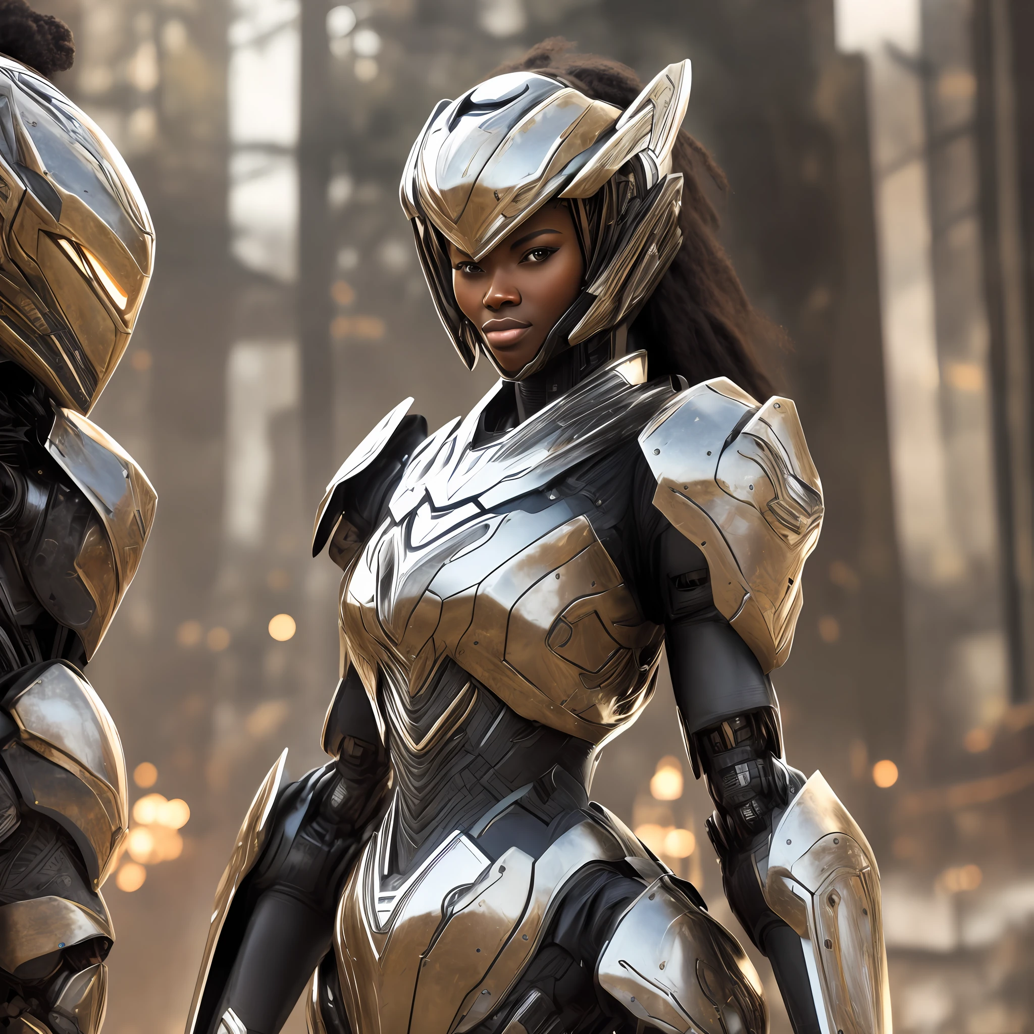 Beautiful tall woman with robotic armor with super realistic and well detailed black hair