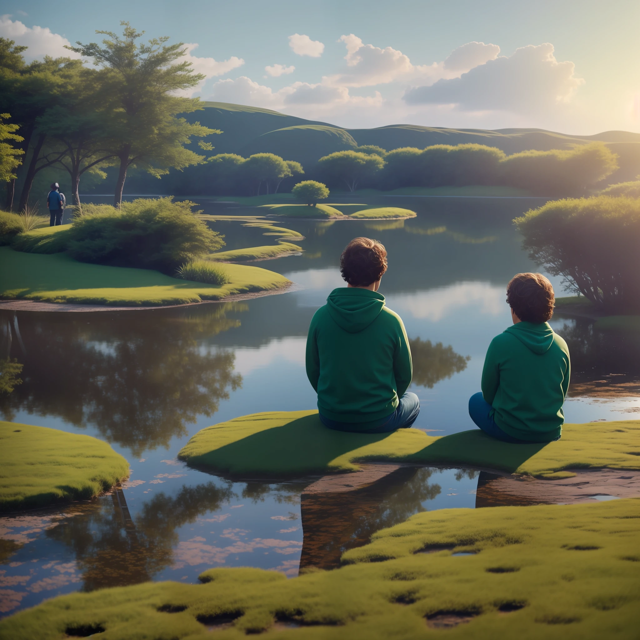 TWO FRIENDS IN A QUIET PLACE, HAPPY, VERY PLEASANT, AESTHETIC, CALM, LANDSCAPED. photorealistic, 8k uhd, studio quality, ultra realistic, maximum detail, massive scale, post-processing, realistic, photorealism, photoshop, photography, detailed, cinematic lighting, landscape, panoramic, landscape, raytracing, cinema4d