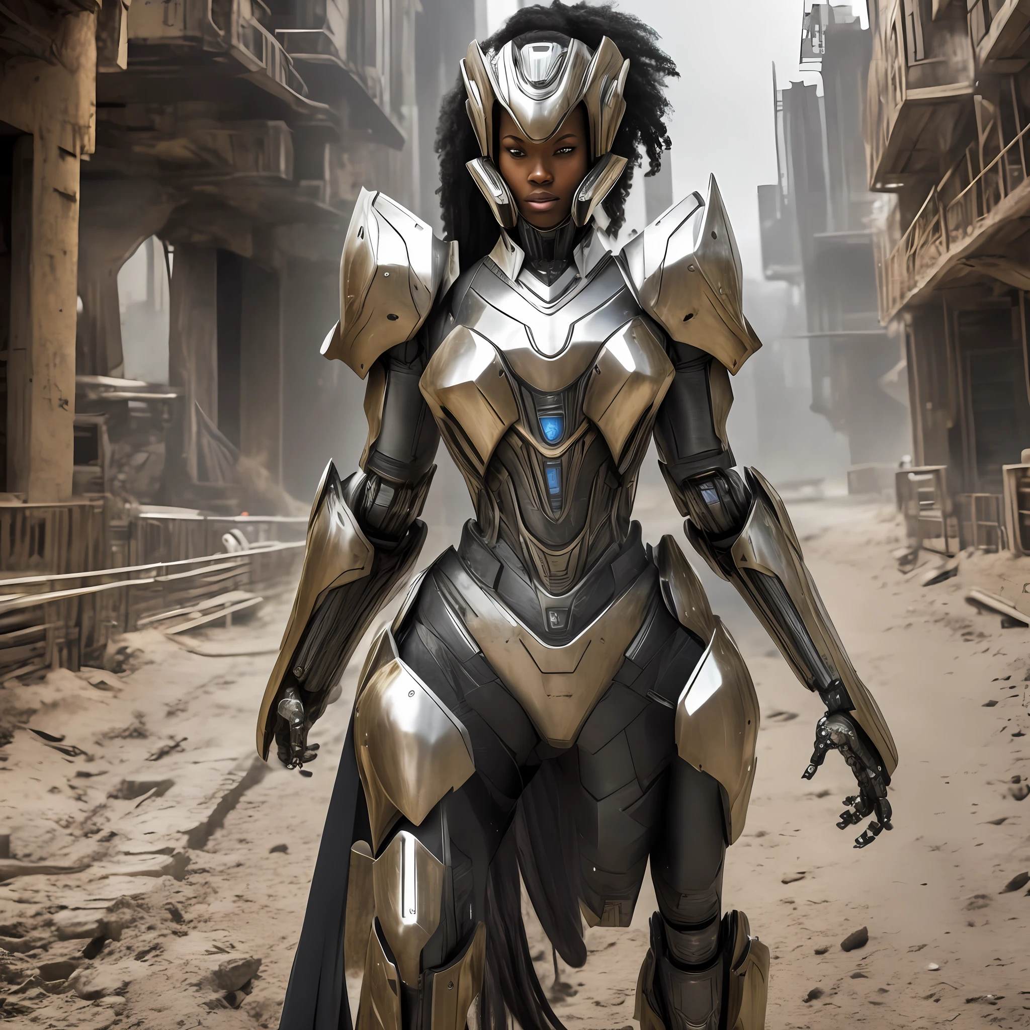 Beautiful tall woman with robotic armor with super realistic and well detailed black hair