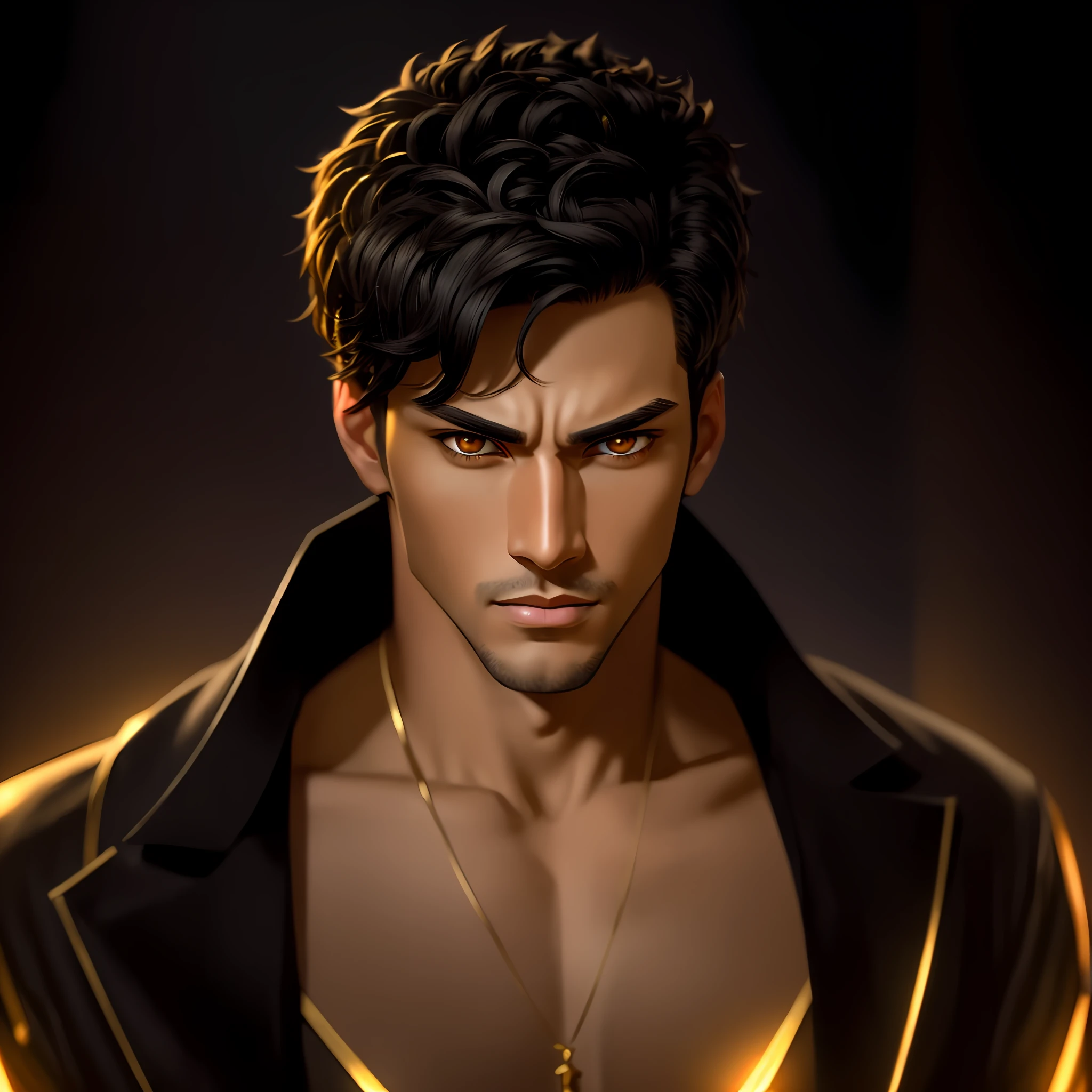 Handsome, tall, light-skinned man, dark golden eyes, short black hair, symmetrical face, peach-colored lips, with a piercing gaze, a man who will help the protagonist of the light novel seek revenge --auto --s2