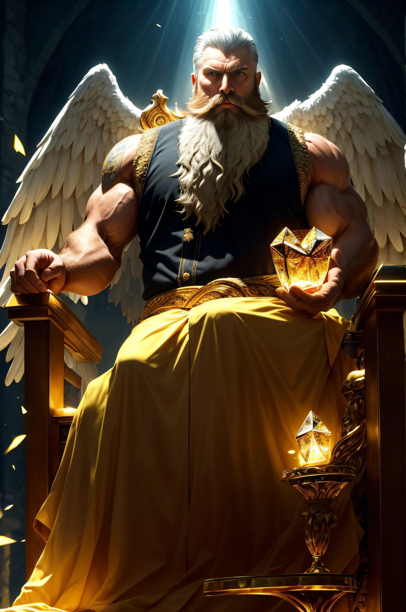 An old man of figure, a beard pulling a bright giant, floating on a crystal throne on a crystal cloud floating white robes, yellow eyes, bright yellow light emitted from the throne, gemstones floating in the sky, God, beams of light covering his body, feathered wings on the crystal throne, wings spread, golden light above the head (halo: 1.2), muscles, beard, masculine, darkness, masterpiece, best quality, intricate details, absurdity, fear, chromatic aberration, depth of field, soft lighting, mapping tones, Highly detailed, concept art, smooth, sharp focus, dramatic lighting, highly detailed art, film, 8K, incredible shadows (highly detailed background: 1.2), full body