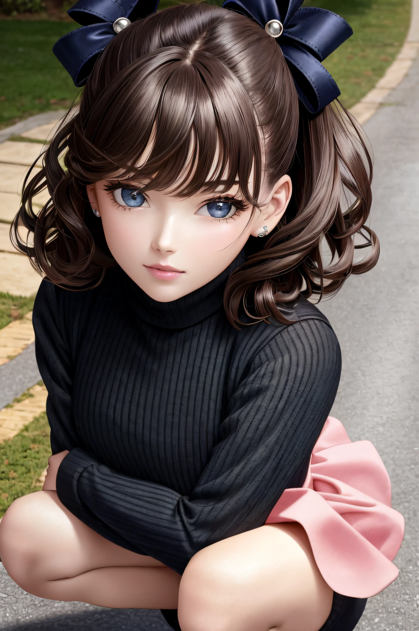 Country Street ,,, (Outdoor, Night:1.5,Ultra Slender Face,((Realistic lighting, Best Quality, 8K, Masterpiece:1.3)),(Masterpiece, Best Quality, Ultra Detail, High Definition), Perfect Face, Side Light, Glossy Skin, (Bloom), (Glow), Lighting, Ray Tracing, One Girl, Solo, Black Hair, Sweater, Black Beautiful Eyes, Mini Skirt, Dress, Hair Bow, Pink Mini Skirt ,(((squatting on the ground))))), (angle from down))), bow, lips, turtleneck sweater, curls, chest, turtleneck, parted lips, jewelry, depth_of_field, highly detailed background, very detailed background, masterpiece, super detail, great composition, dynamic angle, [bottle bottom], (wide angle lens), very sophisticated and beautiful, ( Best Quality), (Masterpiece), Depth of Field, Solo, Extreme Light and Shadow, Masterpiece, Rich Detail, (Fine Function), (Best Quality), (Masterpiece), (Eye for Detail), (Beautiful) Detail, Eye for Beautiful Detail, (Straight Up), Upper Body , (Highly Detailed CG Unity 8k Wallpaper), (Masterpiece), (Best Quality), (Super Detail), (Best Illustration) (Best Shadow), Perfect lighting, perfect anatomy