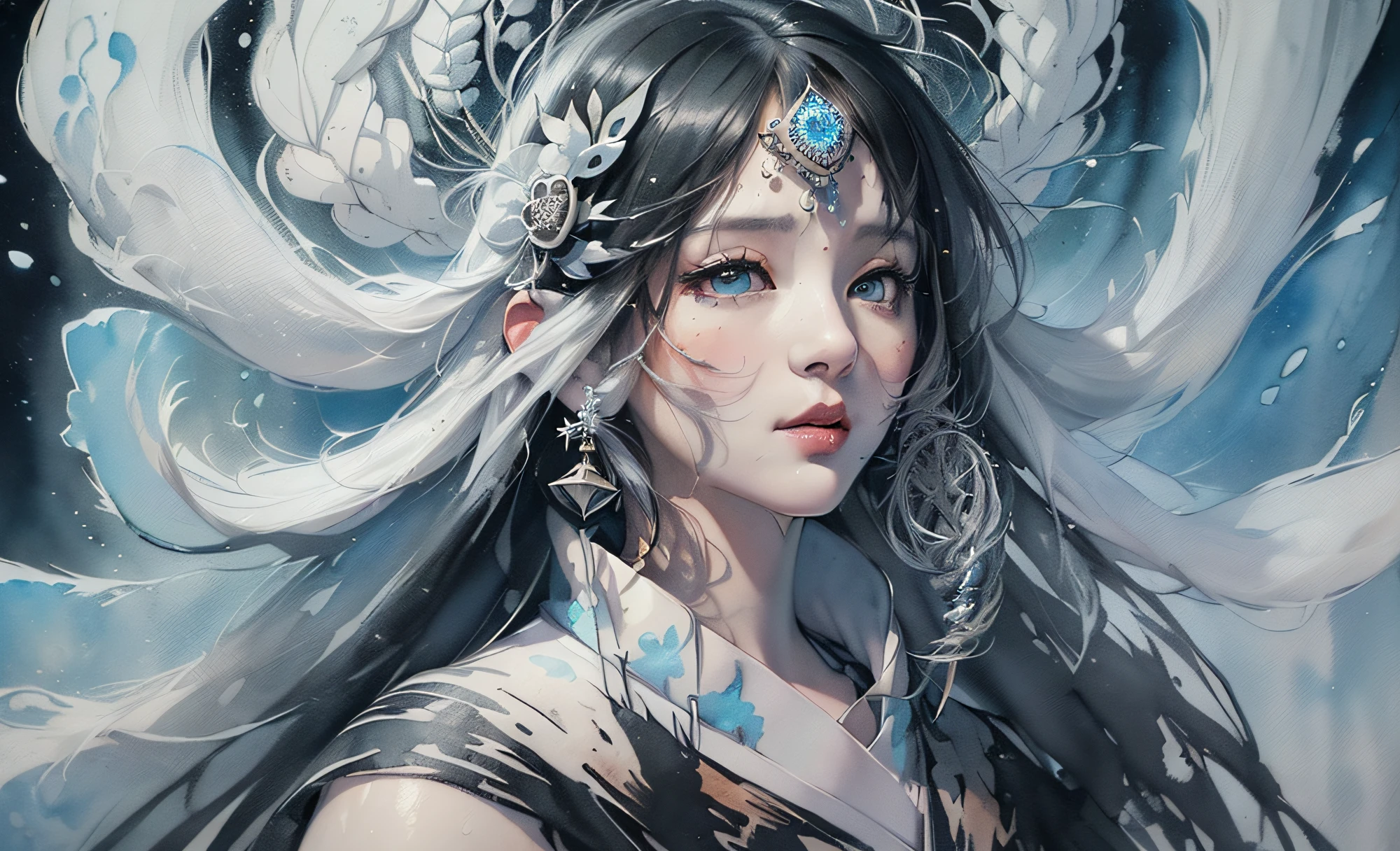 ((Snow Spirit)), ((Full Shot)), (((Intense snow and wind blow the body of the spirit)), Snow Spirit is pure white and beautiful face, looks lonely, wears (((White kimono)), skin is translucent white, (((hair is long and black)), eyes shine blue, (((Strong wind is violently shaking the long black hair of the spirit))), In the darkness only the snow spirit is illuminated and fantastic, Interweaving photorealistic and zentangle and mandala, watercolor, wet-on-wet or splatter techniques, perfect composition, abstract, surrealism, masterpiece, highest quality, ultra-detail, HDR, 8K