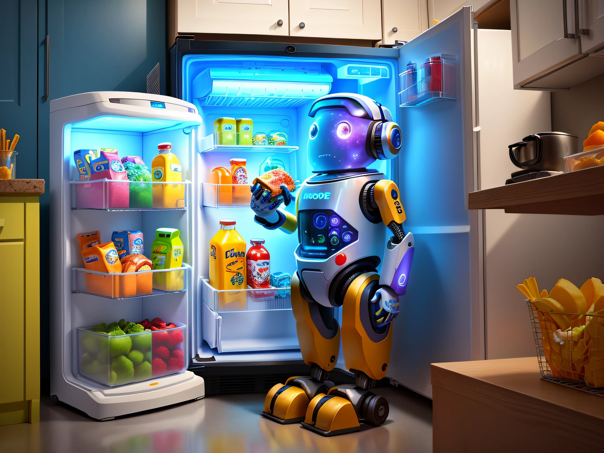 A refrigerator robot holding food in the background with colorful universe. Pixar animation, funky blind box, OC rendering, ray tracing, high quality, high detail, high resolution, 32k