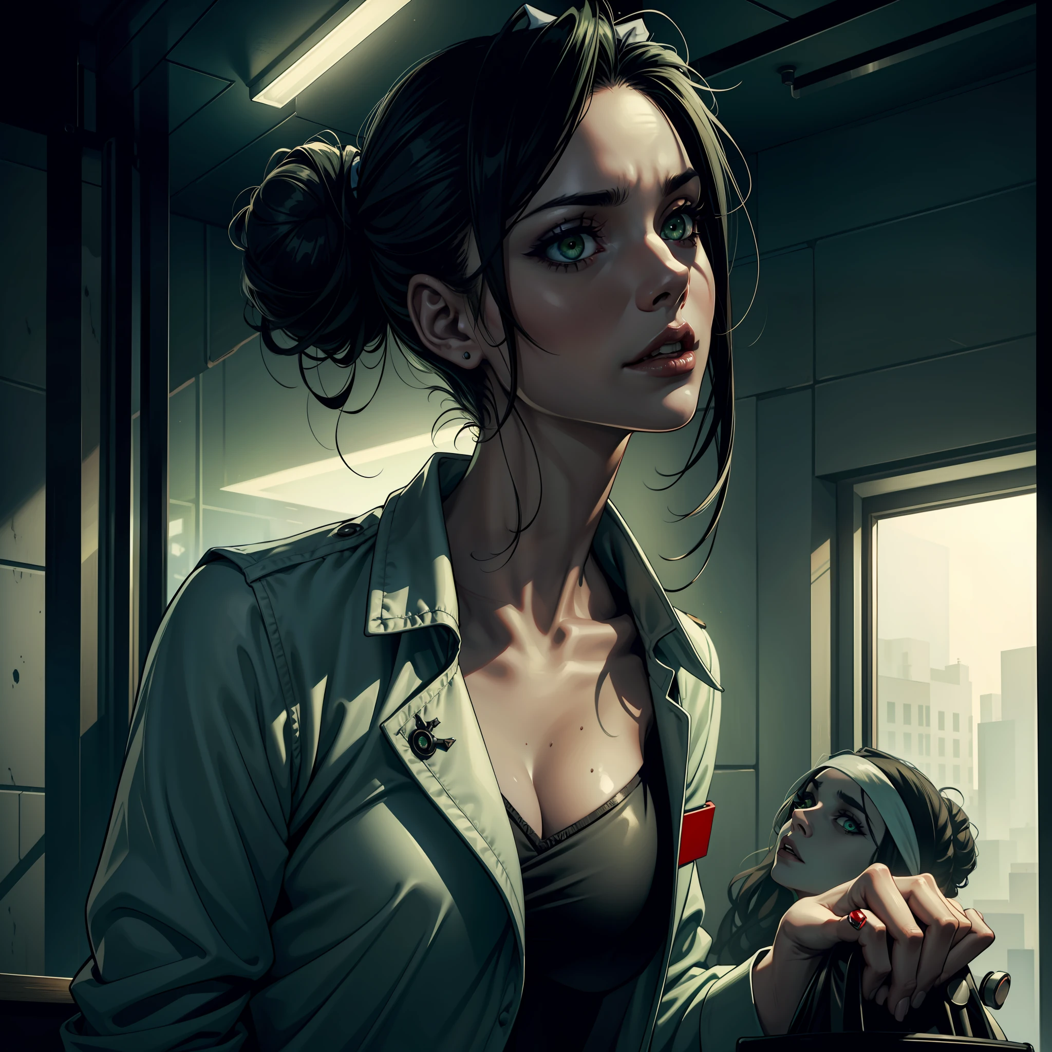 (extremely detailed 8k wallpaper), dark theme, Vampire the Masquerade, modern horror, 2020s, young woman, thin, nurse, wearing private practice nurse's uniform, sharp focus, (subsurface scattering:1.1), award-winning photograph, centered face, face of Zoë Kravitz, half-body photo:1.1, short black hair stuck in bun, light green eyes:1.2, expression of debauchery,  inside medical care center, dramatic lighting