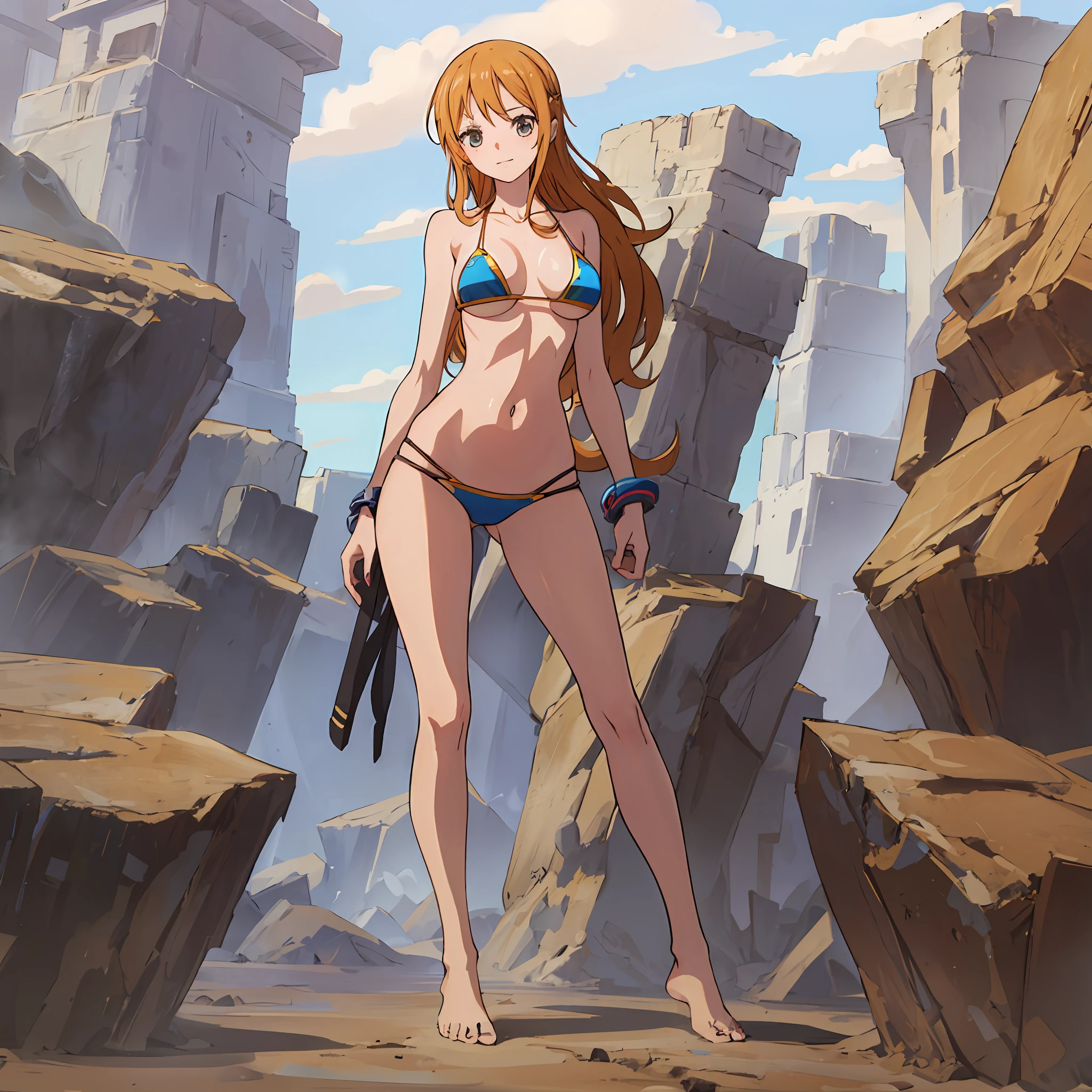 Best Quality, Ultra Quality, High Quality, 8K, Nami, 1 Girl, Full Body, Beautiful Long Leg, Slim Body, Barefoot, Bare Arms, Bare Shoulders, Big, Standing, Tall, 8 Head Body, Skinny, Emaciated, Thin, Model Figure, (Micro Bikini: 1.4), Eiichiro Oda, official art, space background, seductive and sexy, concept art