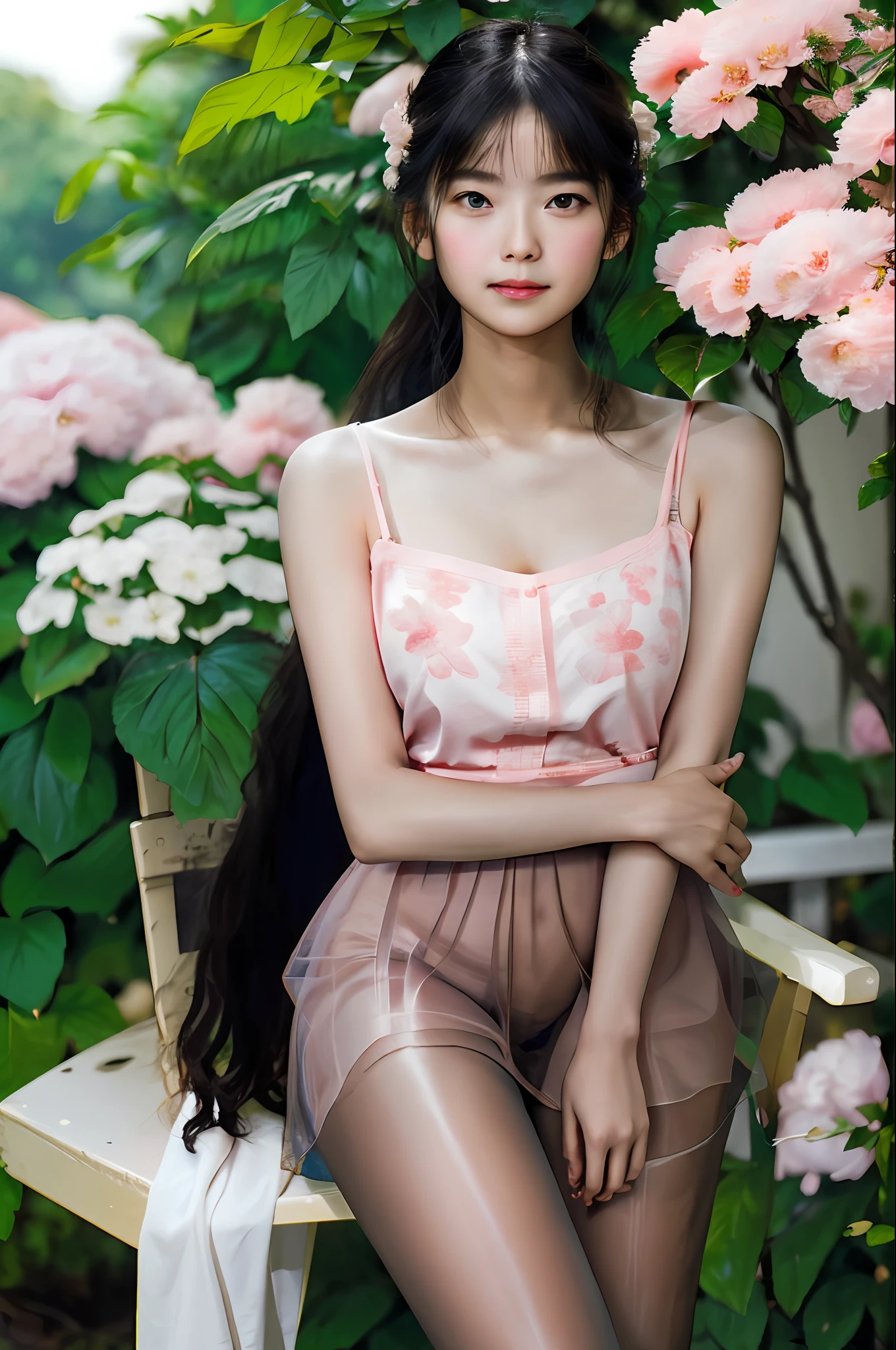 cinematic portrait photography, 1girl, correct body structure, perfect body, white skin, pretty face, detailed face, blush, face, maid hair ornament, charming body, slim, wide hips, thin waist, full big breasts with deep cleavage, black pantyhose, long legs, stockings, thigh stockings, standing on bench, erlang legs, white high heels full body photo, leg focus, white skin with bare shoulders, wavy shoulder-length hair, serene, calm, (realistic details, natural skin texture, realistic facial details) , Soft dramatic lighting, depth of field, bokeh, vibrant detail, fine detail, surreal, 35mm film, hazy blur, film, 16k, peony, rose, cherry blossom, rainforest, lots of flowers, peach blossoms