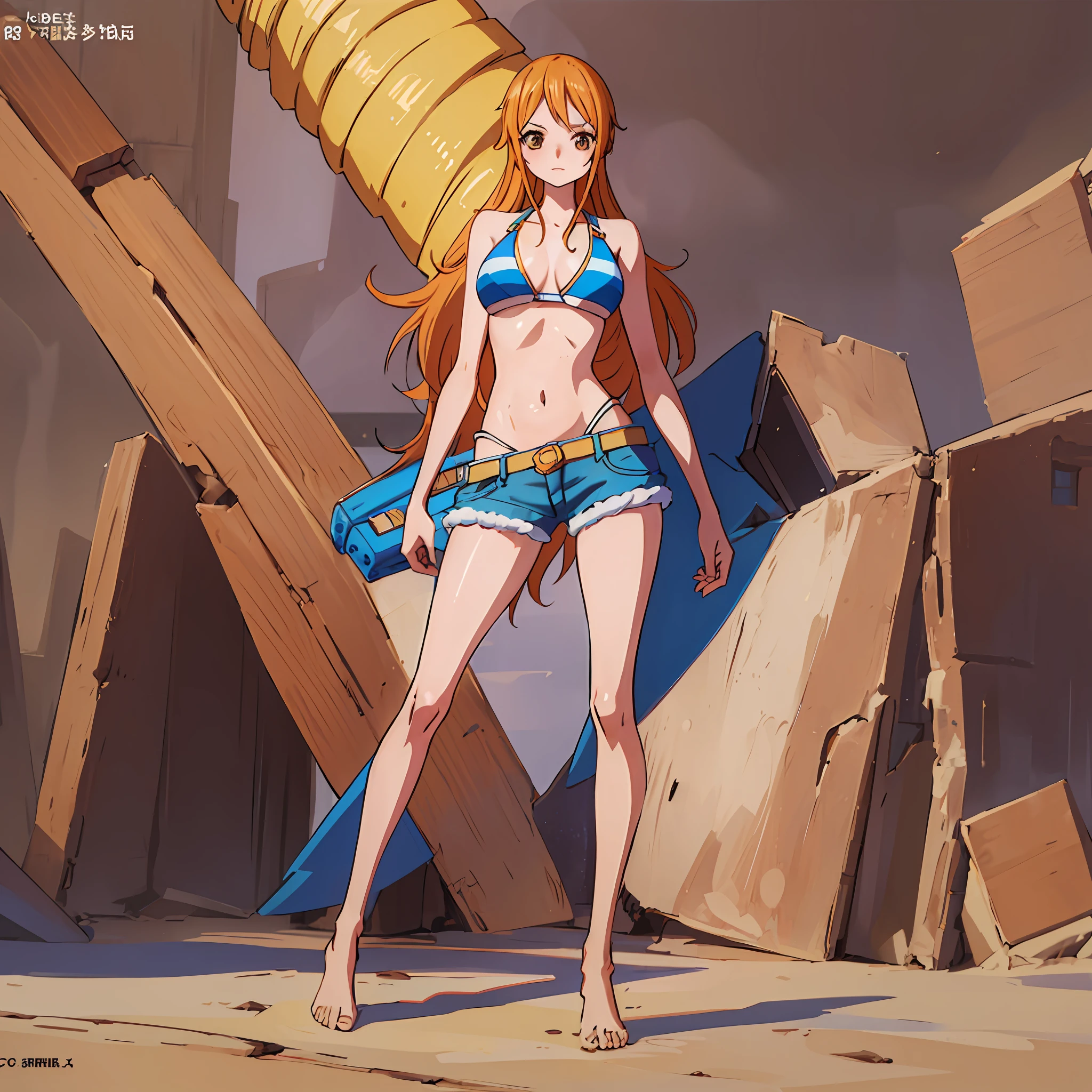 Best Quality, Ultra Quality, High Quality, 8K, Nami, 1 Girl, Full Body, Beautiful Long Leg, Slim Body, Barefoot, Bare Arms, Bare Shoulders, Big, Standing, Tall, 8 Head Body, Skinny, Emaciated, Thin, Model Figure, Bikini, Eiichiro Oda, official art, space background, seductive and sexy, concept art