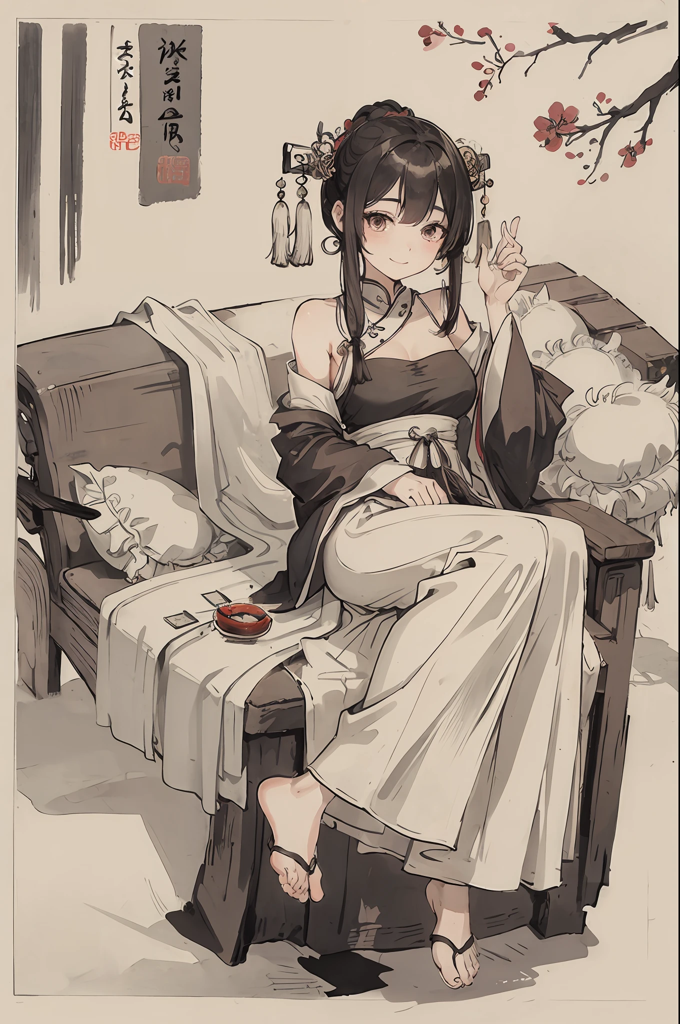 (masterpiece, best quality: 1.2), traditional Chinese ink painting, A cute 22 year old female with big breasts, Oversized dress :1.2, Couch, Ultra-detailed face, Detailed eyes, Double eyelid, sfw , long dress, Coy Smile, Exotic Facial Expressions