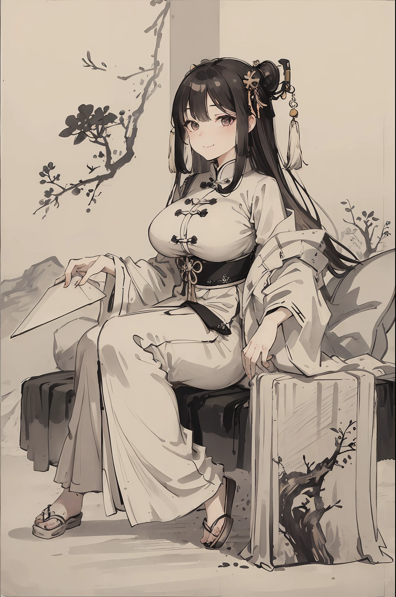 (masterpiece, best quality: 1.2), traditional Chinese ink painting, A cute 22 year old female with big breasts, Oversized dress :1.2, Couch, Ultra-detailed face, Detailed eyes, Double eyelid, sfw , long dress, Coy Smile, Exotic Facial Expressions