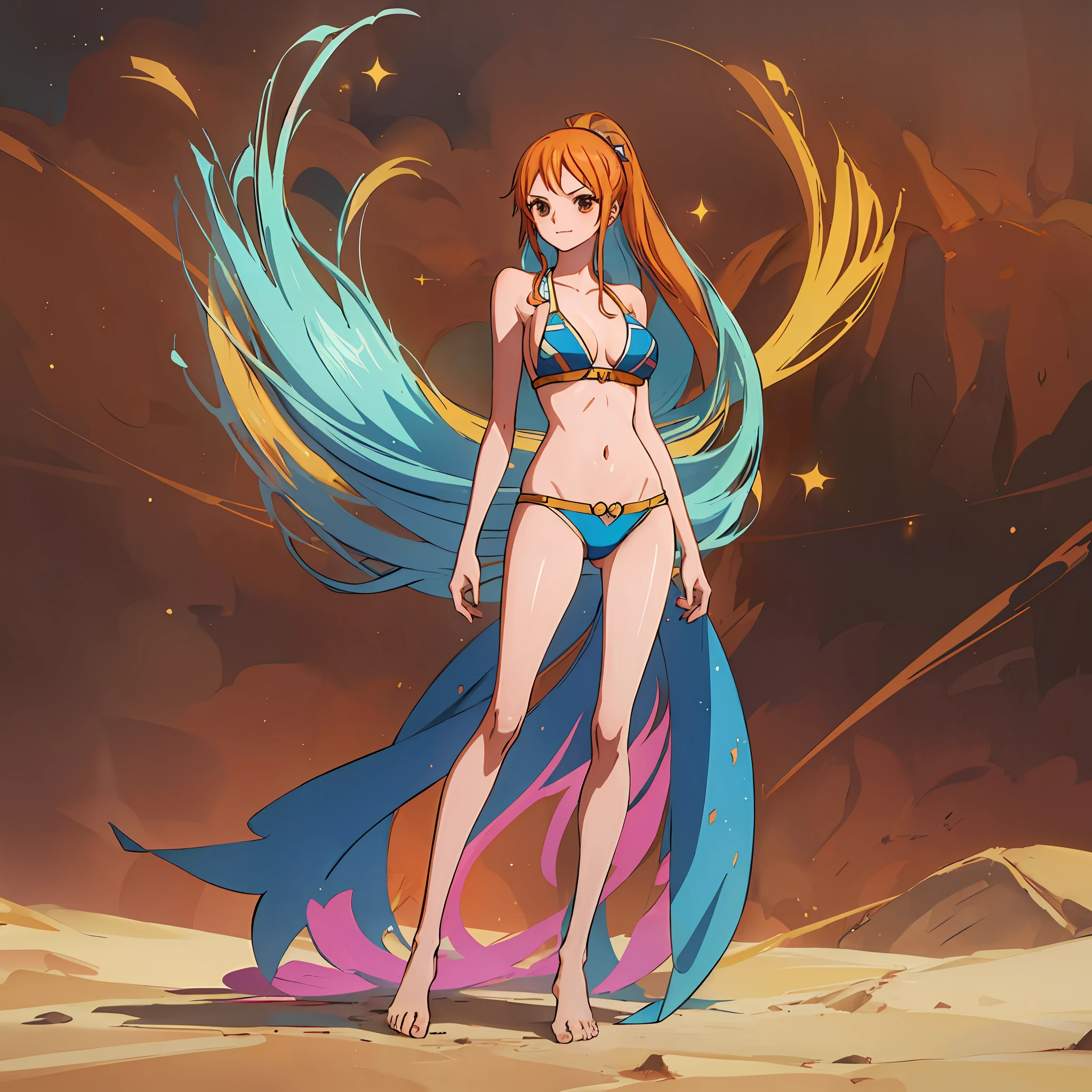 Best Quality, Ultra Quality, High Quality, 8K, Nami, 1 Girl, Full Body, Beautiful Long Leg, Slim Body, Barefoot, Bare Arms, Bare Shoulders, Big, Standing, Tall, 8 Head Body, Skinny, Emaciated, Thin, Model Figure, Bikini, Eiichiro Oda, official art, space background, seductive and sexy, concept art