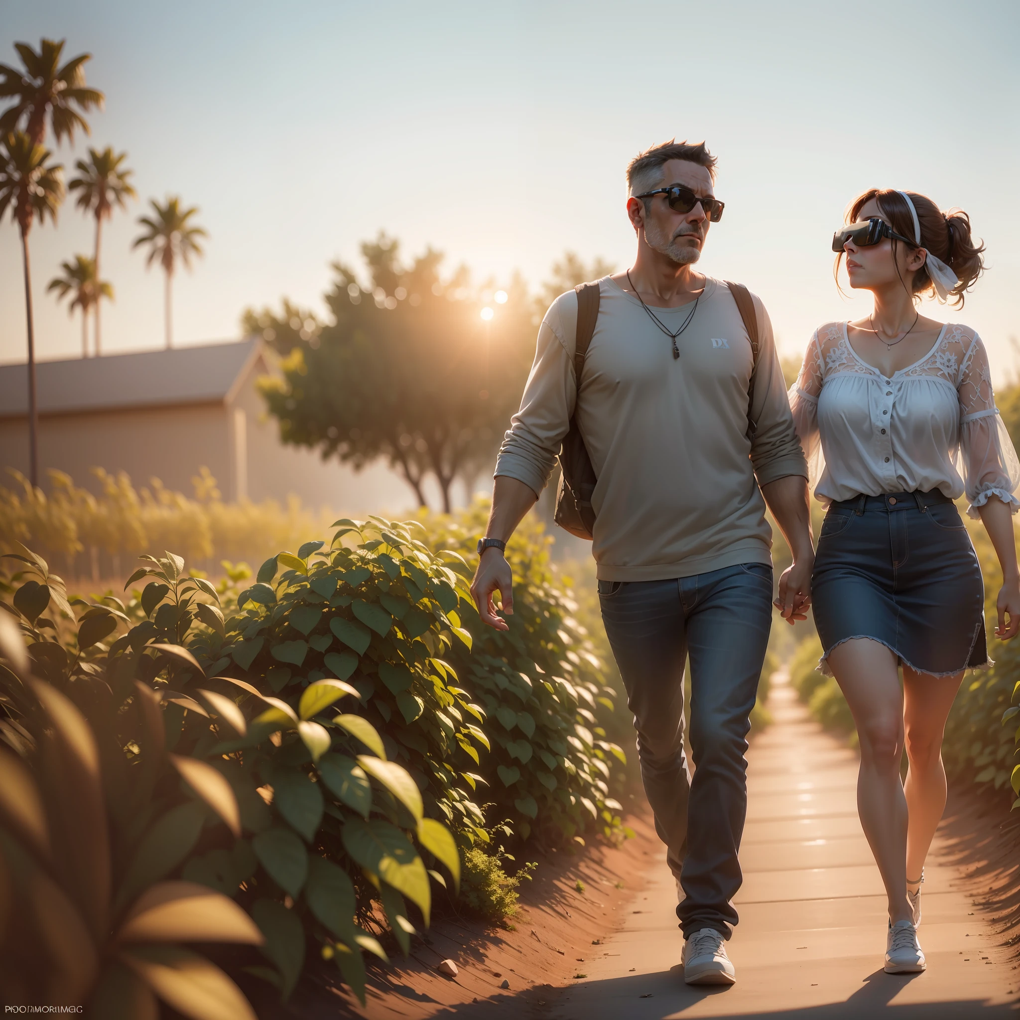 Stock photography style image, happy middle-aged couple walking in the middle of the vineyard, long shot, warm glow in the sky, cinematic lighting, photography, detailed, hyper realism, high details, cinematic 8k, high resolution, cinematography, color grading, photography, photographed in 16mm lens, ultra wide angle, depth of field, hyperdetailed, beautifully color-coded, insane details,  intricate detail, beautiful color classification, Unreal Engine, cinematic, color grading, Editorial Photography, Photography, Photoshoot, 16mm lens shot, Depth of field, DOF, Tilt blur, Shutter speed 1/ 1000, F/ 22, White balance, 32k, Super resolution, Megapixel, ProPhoto RGB, VR, Solitaire, Good, Massive, Partial lighting, Backlighting, Daytime lighting, Incandescent, Fiber optics,  Moody Lighting, Cinema Lighting, Studio Lighting, Soft Lighting, Volumetric, Contre - Jour, Beautiful Lighting, Highlight Lighting, Global Lighting, Ilumi Screen Space Global Nation, Ray Tracing Global Lighting, Optics, Scattering, Brightness, Shadows, Harsh, Sparkling, Ray Tracing Reflections, Lumen Reflections, Screen Space Reflections, Diffraction Rating, Chromatic Aberration, GB Shift, Scan Lines,  Ray Tracing, Ambient Ray Tracing The cc lusion, Anti-Aliasing, FKAA, TXAA, RTX, SSAO, Shaders, OpenGL - Shaders, GLSL - Shaders, Post-processing, Post-production, Cel Shading, Tone mapping, CGI, VFX, SFX, intelligent design, best design, details, studio lighting, cinema, global lighting, Ray Tracing, Ambient Ray Tracing occlusion, realistic textures, amazing superb rendering, magnificent look, 4k, 8k,  Intricate, ray tracing, cinematic lights, best possible rendering, unrealistic details, super resolution, photorealistic, insane beauty, detailed shaders, reflections, octane rendering, volumetric light