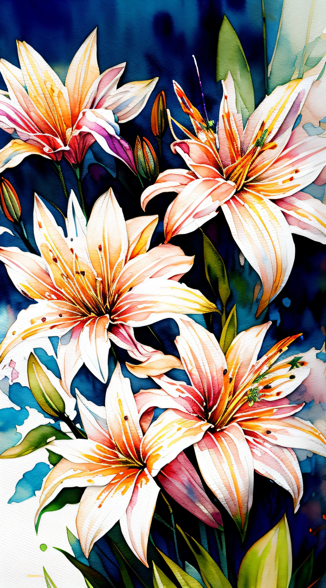 wtrcolor style, digital art of (lilies), official art, blown by the wind, masterpiece, beautiful, ((watercolor)), paint splatter, intricate details. Great detail, [dripping:0.5], trending on Artstation, Rachel Walker