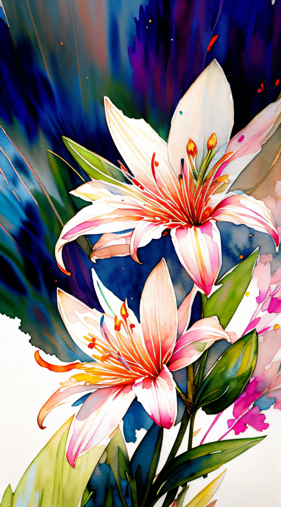wtrcolor style, digital art of (lilies), official art, blown by the wind, masterpiece, beautiful, ((watercolor)), paint splatter, intricate details. Great detail, [dripping:0.5], trending on Artstation, Rachel Walker
