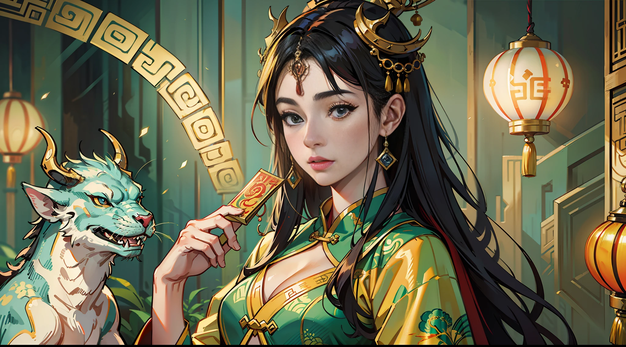 Masterpiece, highest quality, super detail, trend, art station, an ancient Chinese beauty, Tang dynasty costume, surrounded by a small dragon, professional lighting, professional photography, (realistic: 1.5), realistic, octane rendering, (surreal: 1.2), --auto --s2