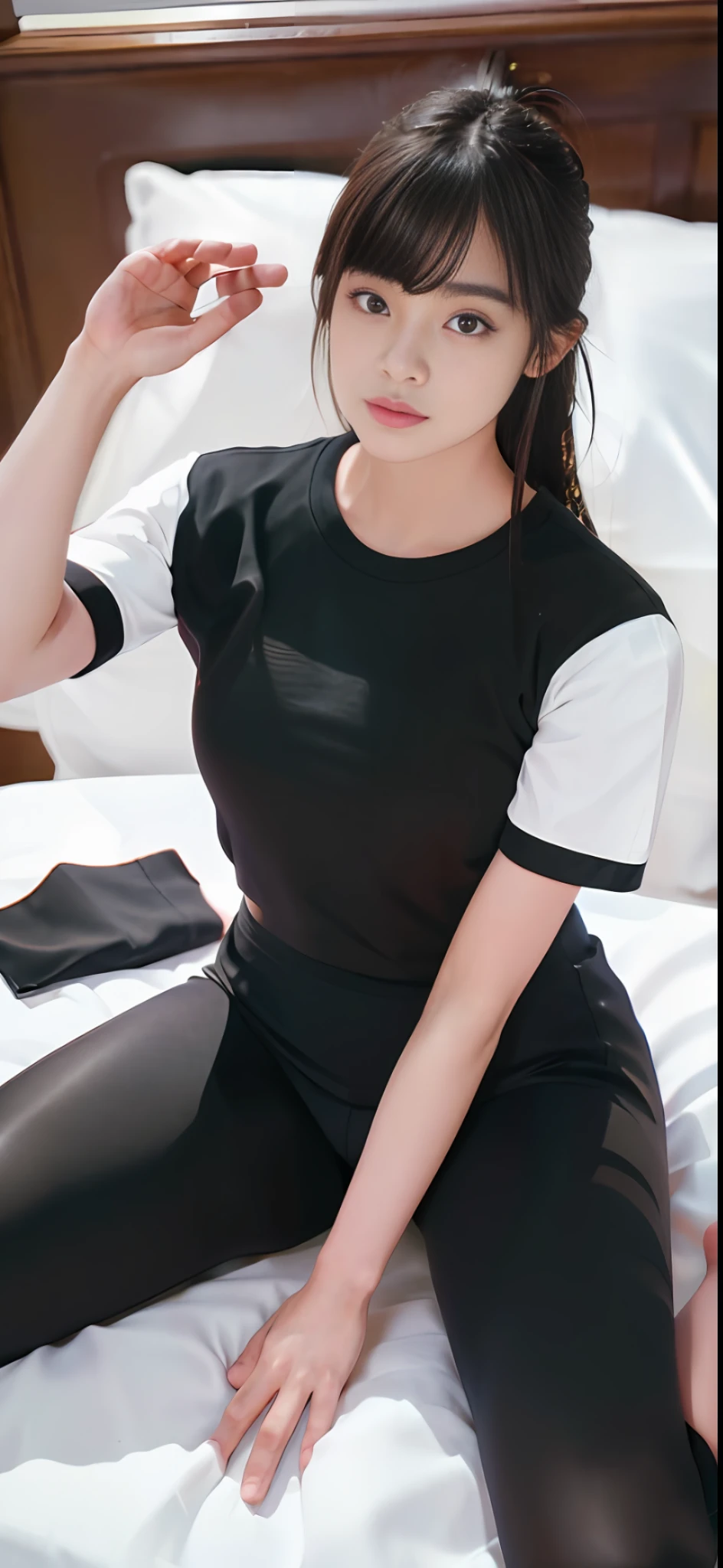 masterpiece, masterpiece, best quality, best quality, real, unity, 8k wallpaper, official art, highly detailed cg unity 8k wallpaper, ulzzang-6500, one girl, cute, professional lighting, ((long black spandex shorts: 1.37)), t-shirt, twisting clothes, long hair, disheveled hair, (original: 1.2), (real: 1.4), ultra detailed, high resolution, ultra detail, Wonderful, fine details, cinematic lighting, simple costumes, detailed clothing textures, (bed, lying on the stomach, back view)) projected from above. (8k, RAW photo, highest quality, masterpiece: 1.27), (realistic, photorealistic: 1.37), physically based rendering, handsome, masterpiece, highest quality, high resolution,