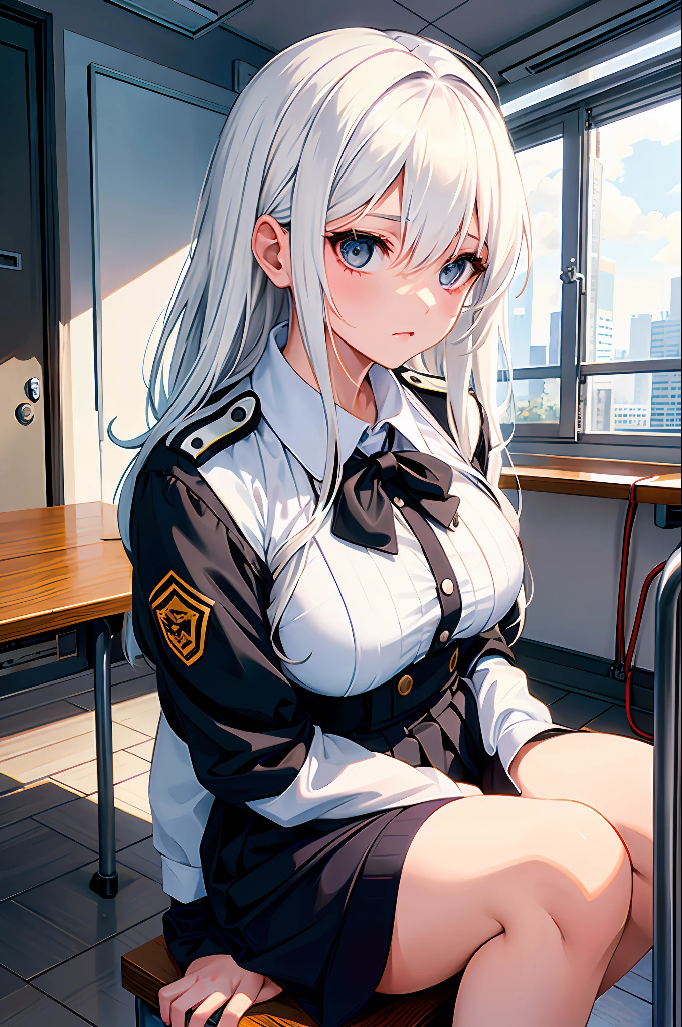Girl, uniform, white hair, nsfw, wearing a wheel clamp, sitting in class room