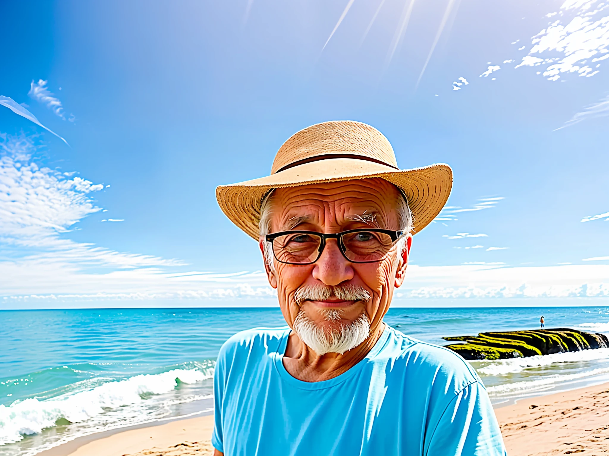 There's a 70-year-old man taking a selfie on the beach, beach photo, selfie, selfie!!!!! of a man, selfie photo, 8k selfie photography, sunny day on the beach, selfie of a man, standing near the beachanime, on a beach, on the beach, selfie taken directly at the angle, iPhone selfie, standing on the beach, the ocean in the realistic background