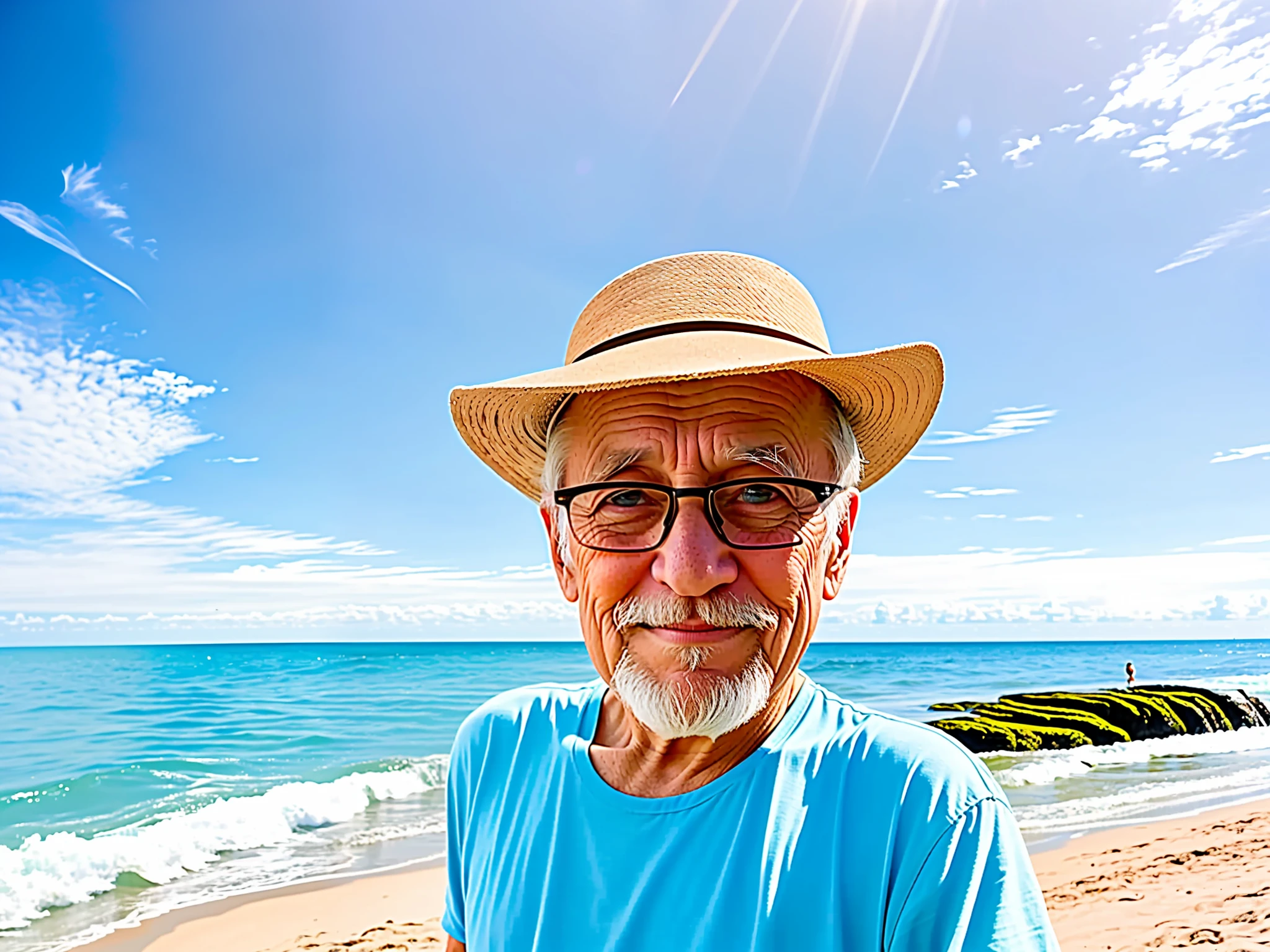 There's a 70-year-old man taking a selfie on the beach, beach photo, selfie, selfie!!!!! of a man, selfie photo, 8k selfie photography, sunny day on the beach, selfie of a man, standing near the beachanime, on a beach, on the beach, selfie taken directly at the angle, iPhone selfie, standing on the beach, the ocean in the realistic background