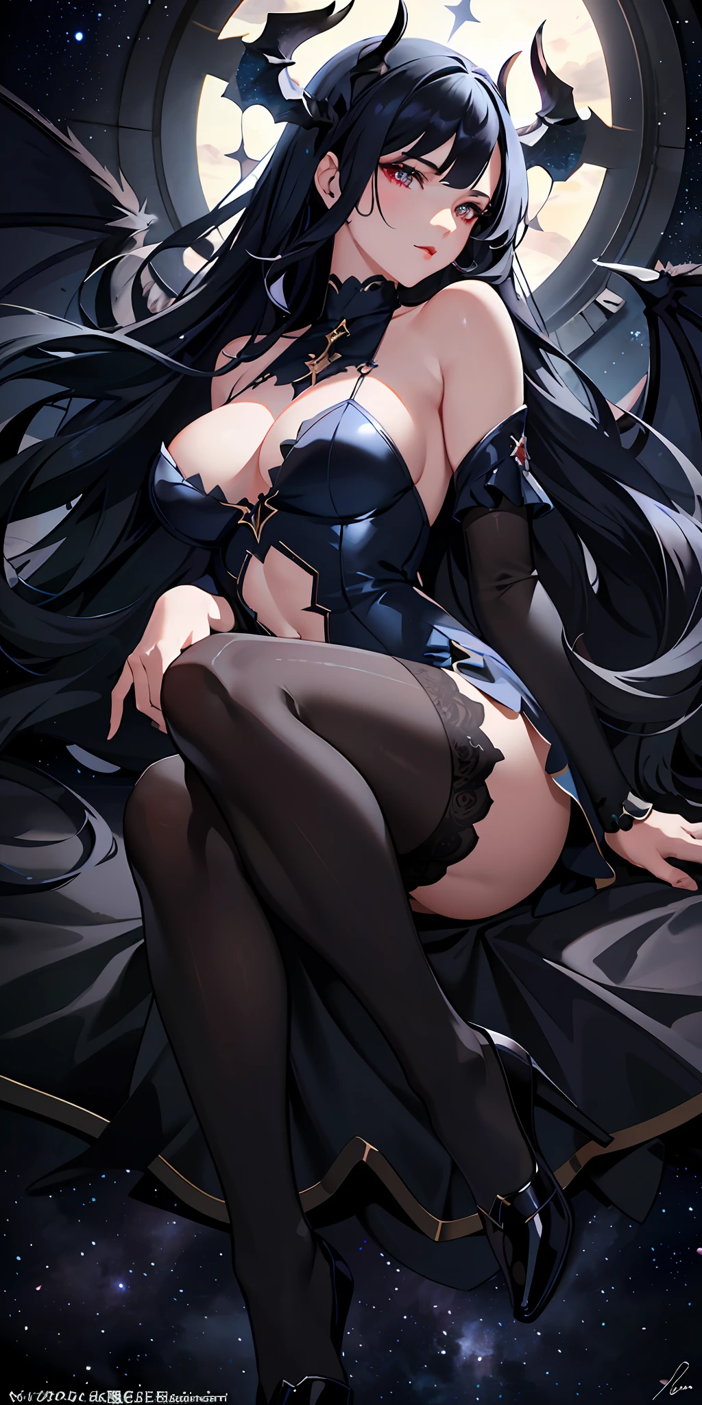delicate and beautiful CG artwork),(best quality, ultra-detailed, high resolution),(dynamic angle, dynamic lighting),(1 character),(long blue black hair), red eyes, beautiful face),(black transparent stocking),(devil) (long sideburns), clouds, stars,