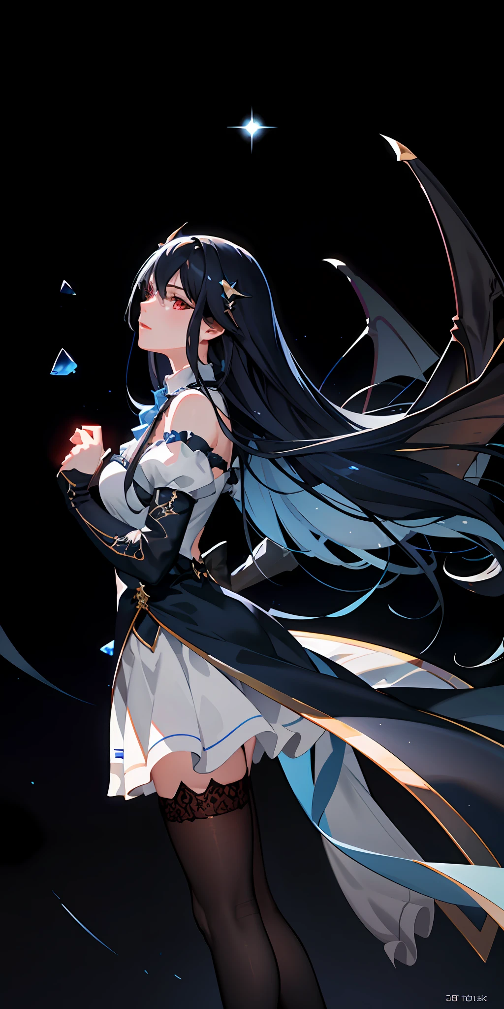 delicate and beautiful CG artwork),(best quality, ultra-detailed, high resolution),(dynamic angle, dynamic lighting),(1 character),(long blue black hair), red eyes, beautiful face),(black transparent stocking),(devil) (long sideburns), clouds, stars,
